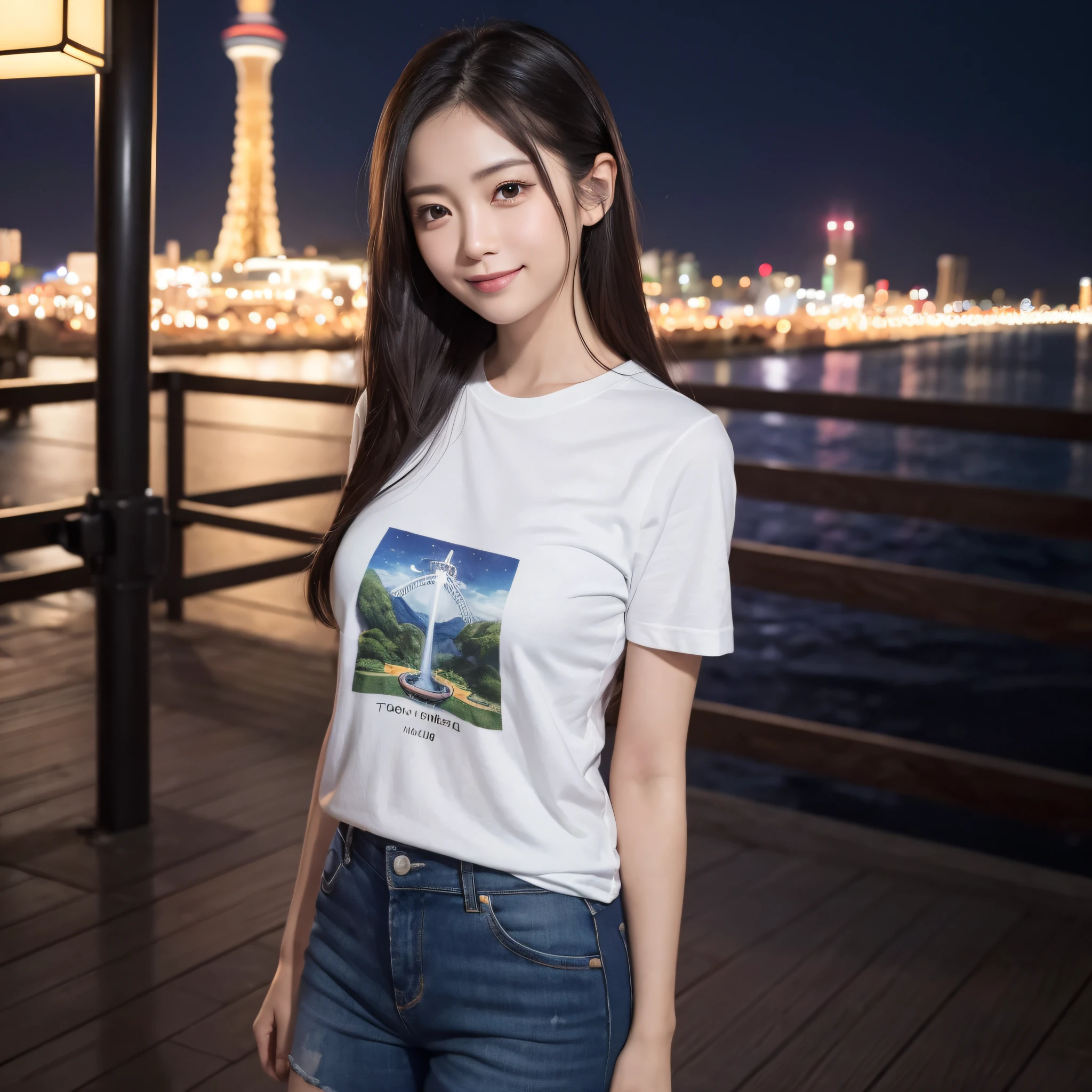 One lady、((best qualtiy、8k masterpieces:1.3))、foco nítido:1.2、(ultra beautiful faces:1.0)、(shinny skin:1.0)、photos realistic、A dark-haired、Video Lighting、High-definition eyes and face、Video Lighting、Japanese cute actress)、from the front side、medium breasts、Smile、Slender Abs Beauty、Whole body、wearing t-shirts、At the Sky Tree at Night