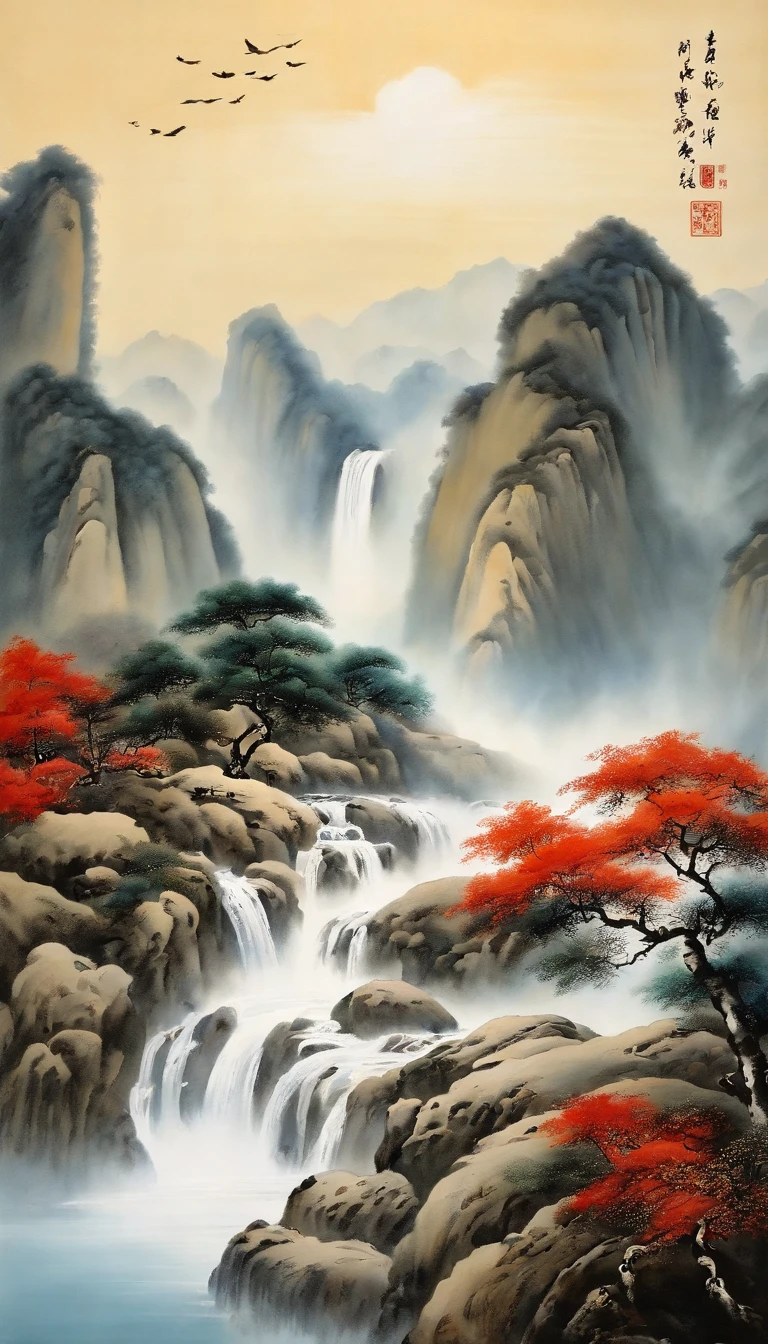 In the background are thousands of miles of rivers and mountains and outdoor trees, Blue sky, waterfallr, cliff, Nature's paintings, inspired by Chang Dai-chien, inspired by Huang Binhong, inspired by Xu Beihong, qing dynasty painting, inspired by Li Keran, author:Qi Baishi, inspired by Fu Baoshi, Tradition Chinese Ink Painting