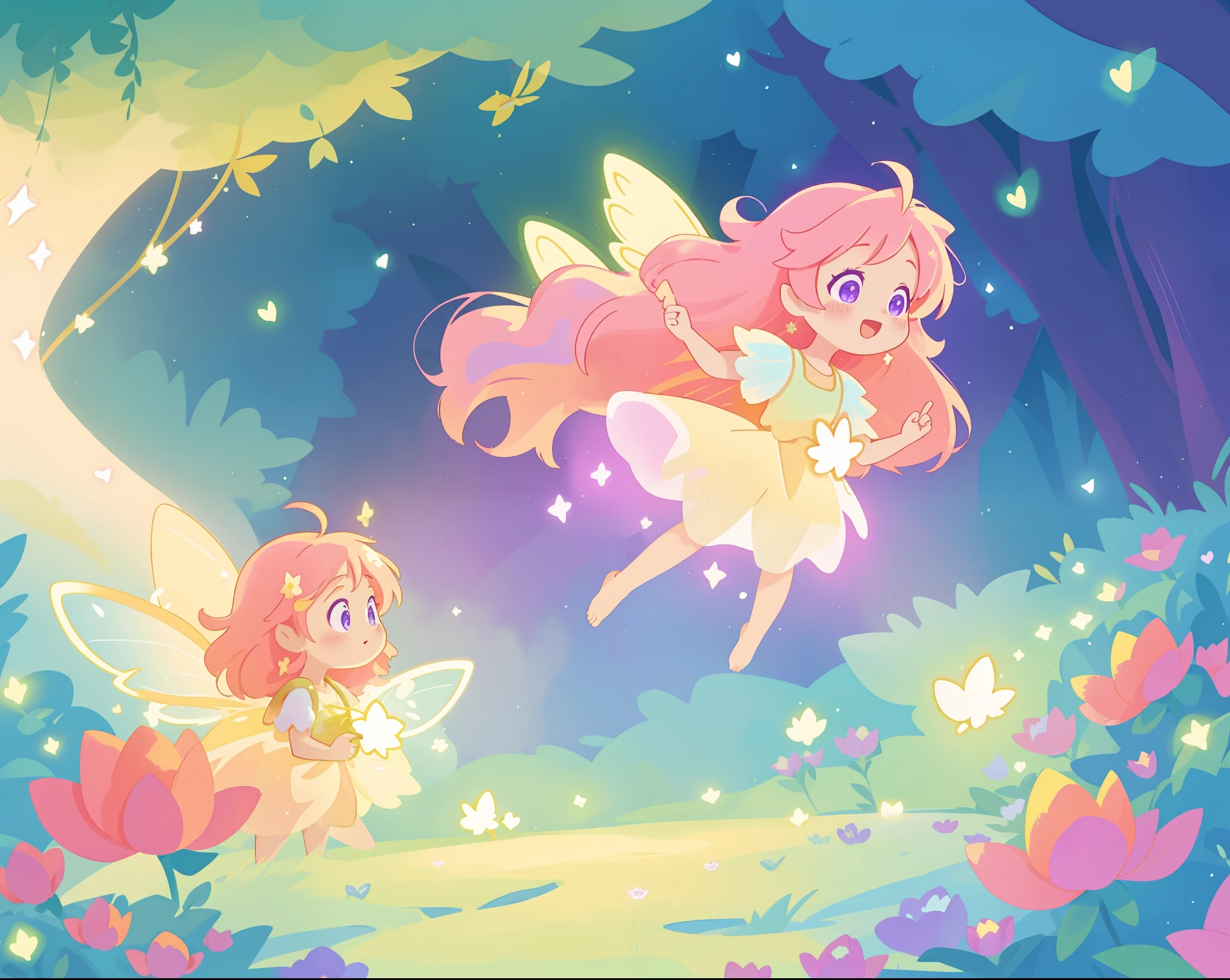 beautiful fairy girl in golden flowing dress, fairy dress, (huge sparkling purple pink fairy wings), fairy queen, ((magical colorful otherworldly landscape)), ((gold fairy flowers)), glowing balls of light, flowers made of light, meadow filled with glowing golden flowers, (glowing fairy wings), glowing flowing ballgown, long pink hair, sparkling fairy wings, watercolor illustration, flowers and colorful plants, disney art style, glowing aura around her, glowing lights, beautiful digital illustration, fantasia otherworldly landscape plants flowers, beautiful, masterpiece, best quality, anime disney style