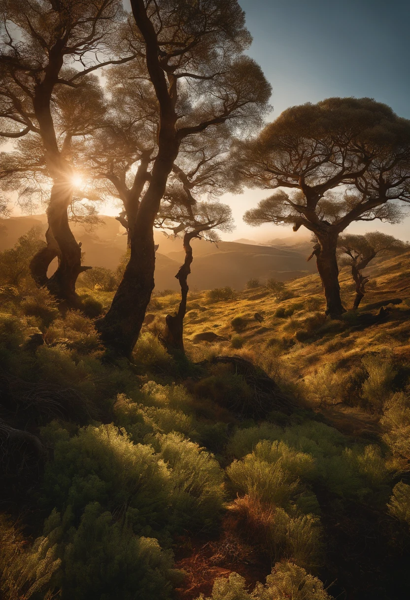 Crie uma paisagem desolada de vale e montanhas, envolto em nevoeiro espesso, com poucos raios de sol, with gnarled trees and thick trunks, and undergrowth reminiscent of grass and grass, em uma paisagem ultrarrealista, com cores mortas, 4k, Cinematic lighting, natural lighting, filmic grain, Cinematic lighting, High detail, Fotoreal, fotorrealista, Volumetric lighting and shading