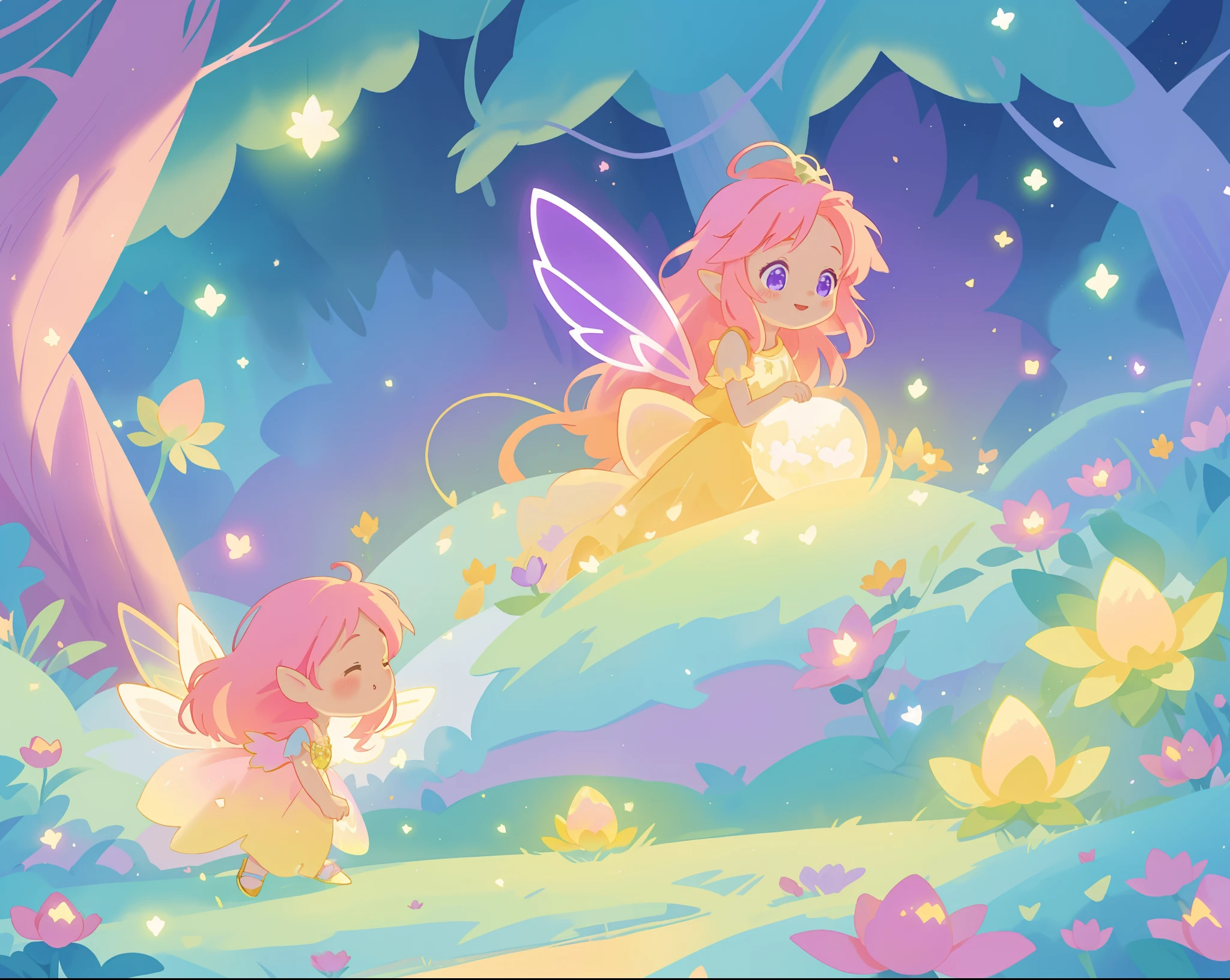 beautiful fairy girl in golden flowing dress, fairy dress, (huge sparkling purple pink fairy wings), fairy queen, ((magical colorful otherworldly landscape)), ((gold fairy flowers)), glowing balls of light, flowers made of light, meadow filled with glowing golden flowers, (glowing fairy wings), glowing flowing ballgown, long pink hair, sparkling fairy wings, watercolor illustration, flowers and colorful plants, disney art style, glowing aura around her, glowing lights, beautiful digital illustration, fantasia otherworldly landscape plants flowers, beautiful, masterpiece, best quality, anime disney style