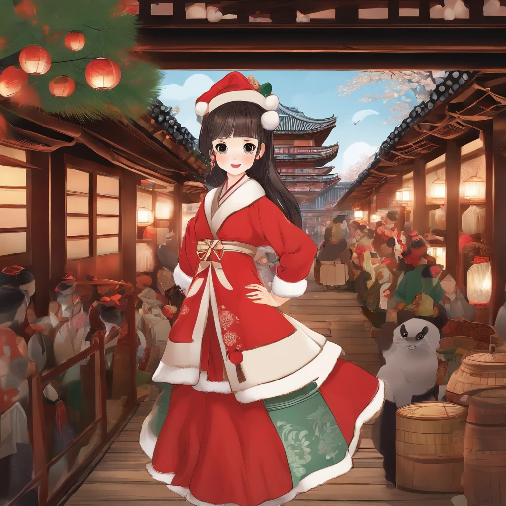 Illustrator、jpn、in the edo era、Japan woman with beautiful smile、Santa Claus Costume、a miniskirt