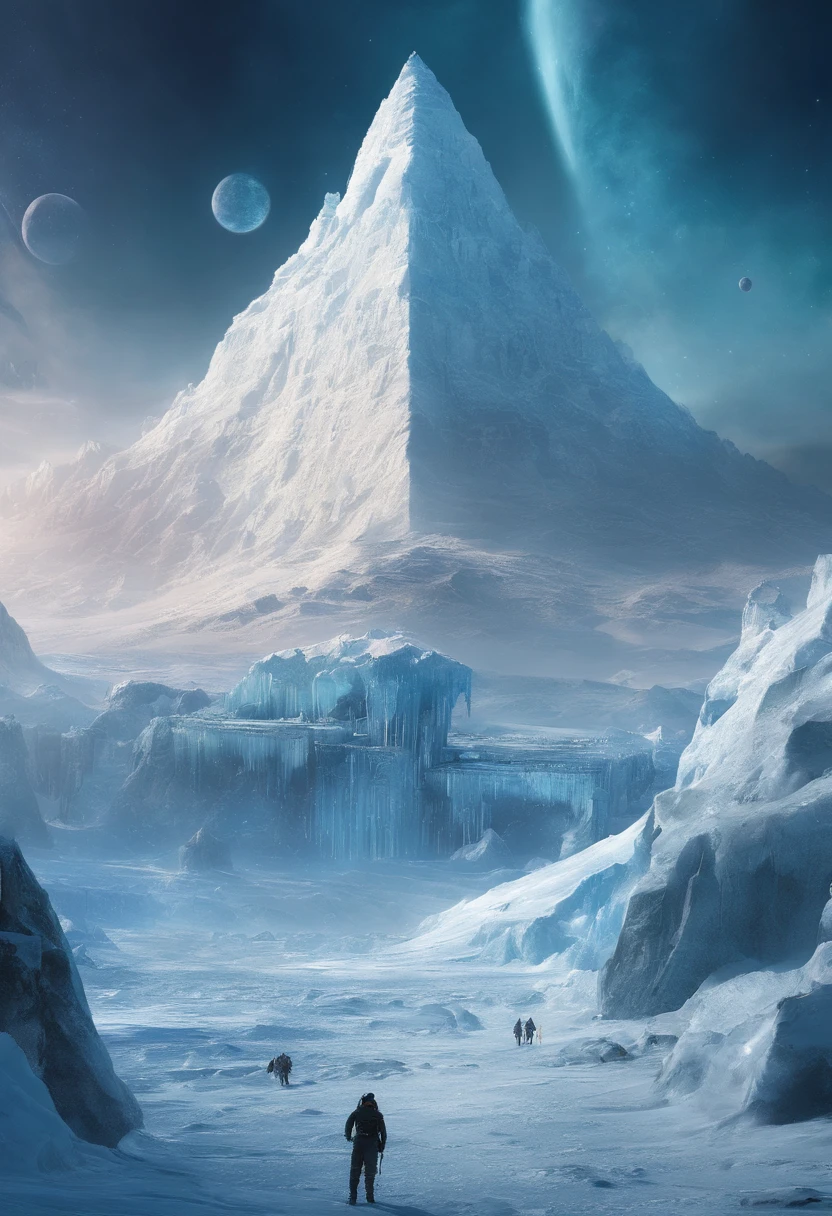 Antarctic continent、amazing composition、Huge ice wall、Ice pyramid、Ruins、spaceships、The human、Ice World