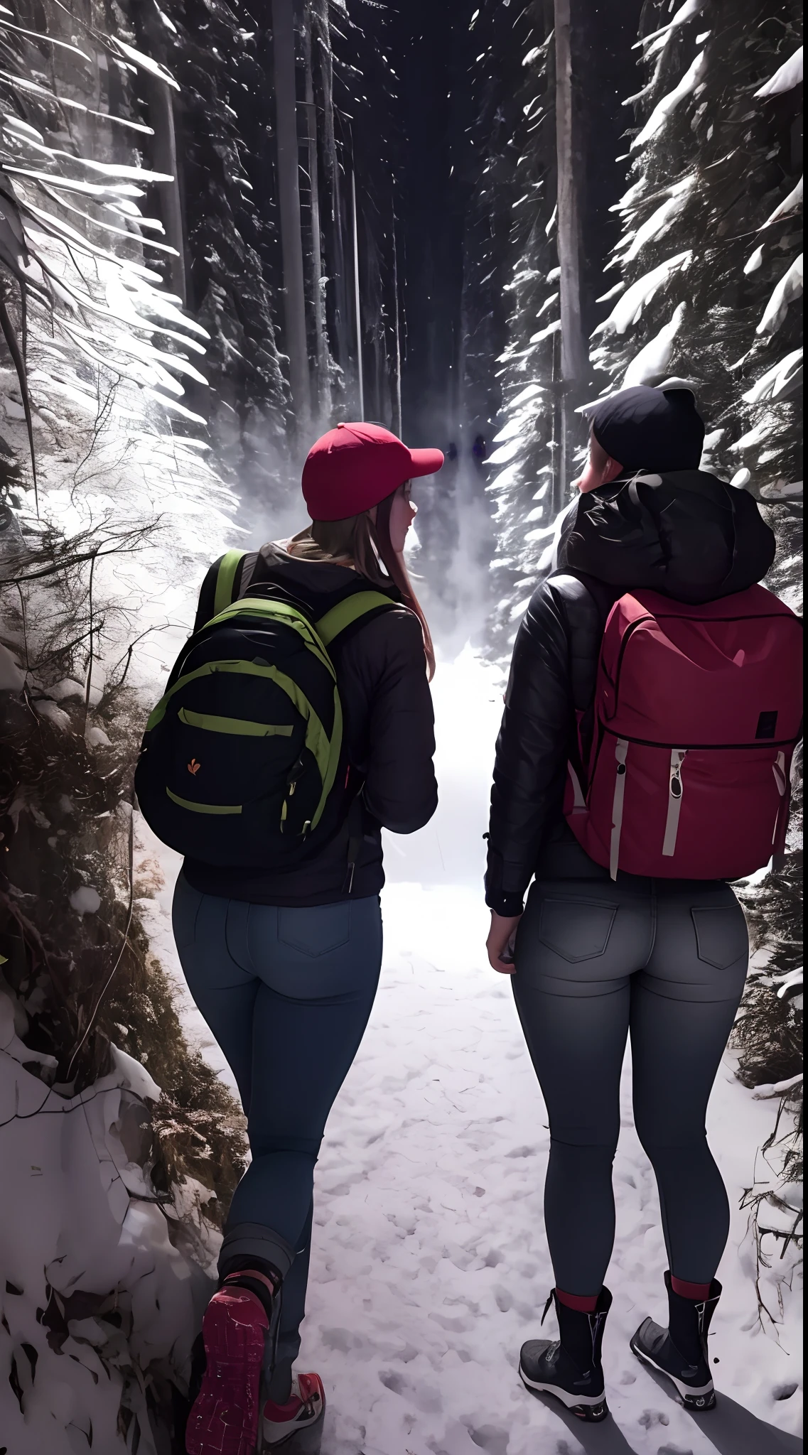 Two sexy women big breasts athletic body in high top jeanstenis shorts wearing backpack on back senary trapped in a dark cave in the middle of the forest in a blizzard with fire torch NAFW nudity