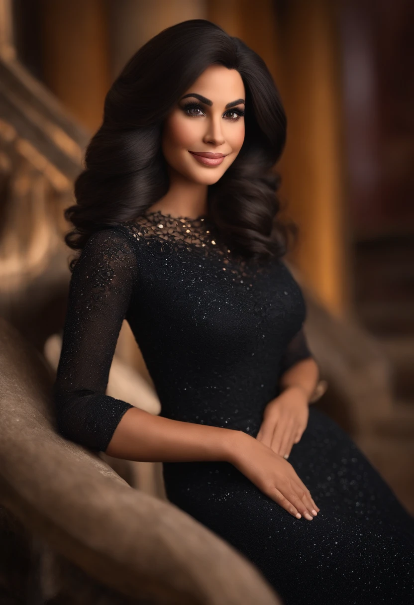 Mulher gordinha, estilo disney, tom de pele: morena clara: Shoulder-length curly black hair . Vestido preto camisa: Fundo: Gray and white gradient,Comemorando, Hands raised, sorrindo, feliz, (estilo pixar) (obra-prima:1.2) (bokeh) (melhor qualidade) (pele detalhada) (textura detalhada) (8k) (claymation) (cinematic lighthing) (foco nítido