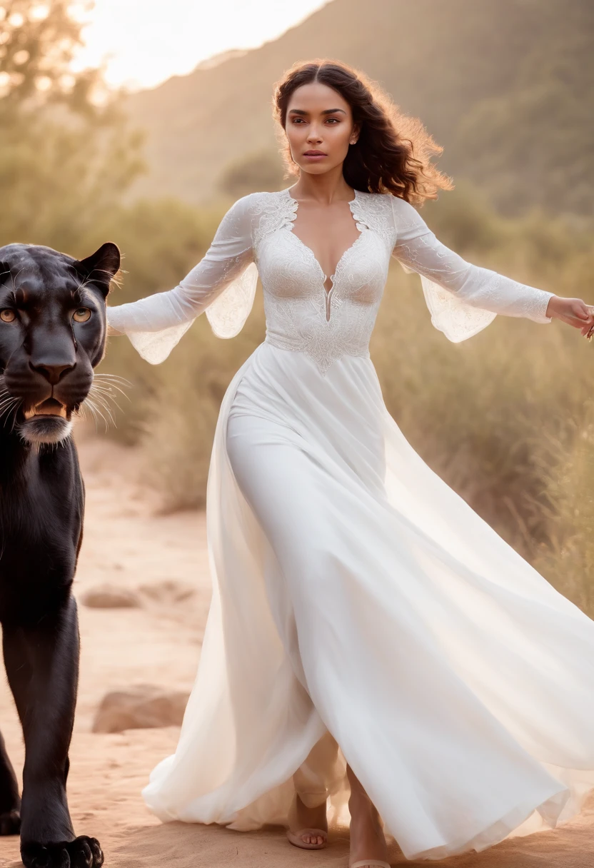 Light brown skinned Hispanic woman riding a black panther in white dress as realistic as a photo