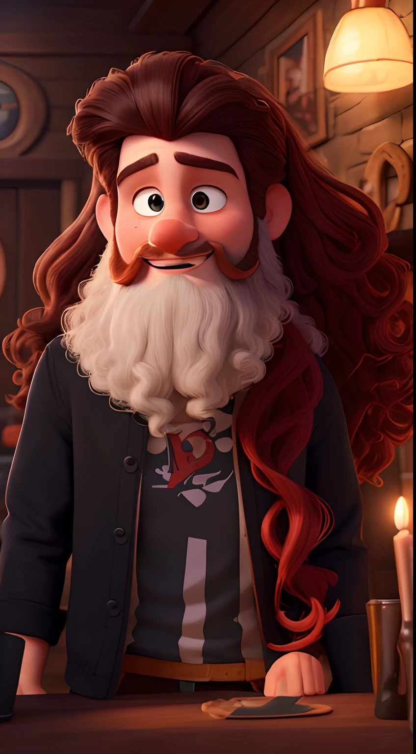 Reproduce the photo in the most perfect way possible in very high quality and in the Disney Pixar 3D cartoon style, a man with long curly hair and a big beard also with some white strands, inside a half-dark tavern with reddish lights, with a black Black Sabbath t-shirt