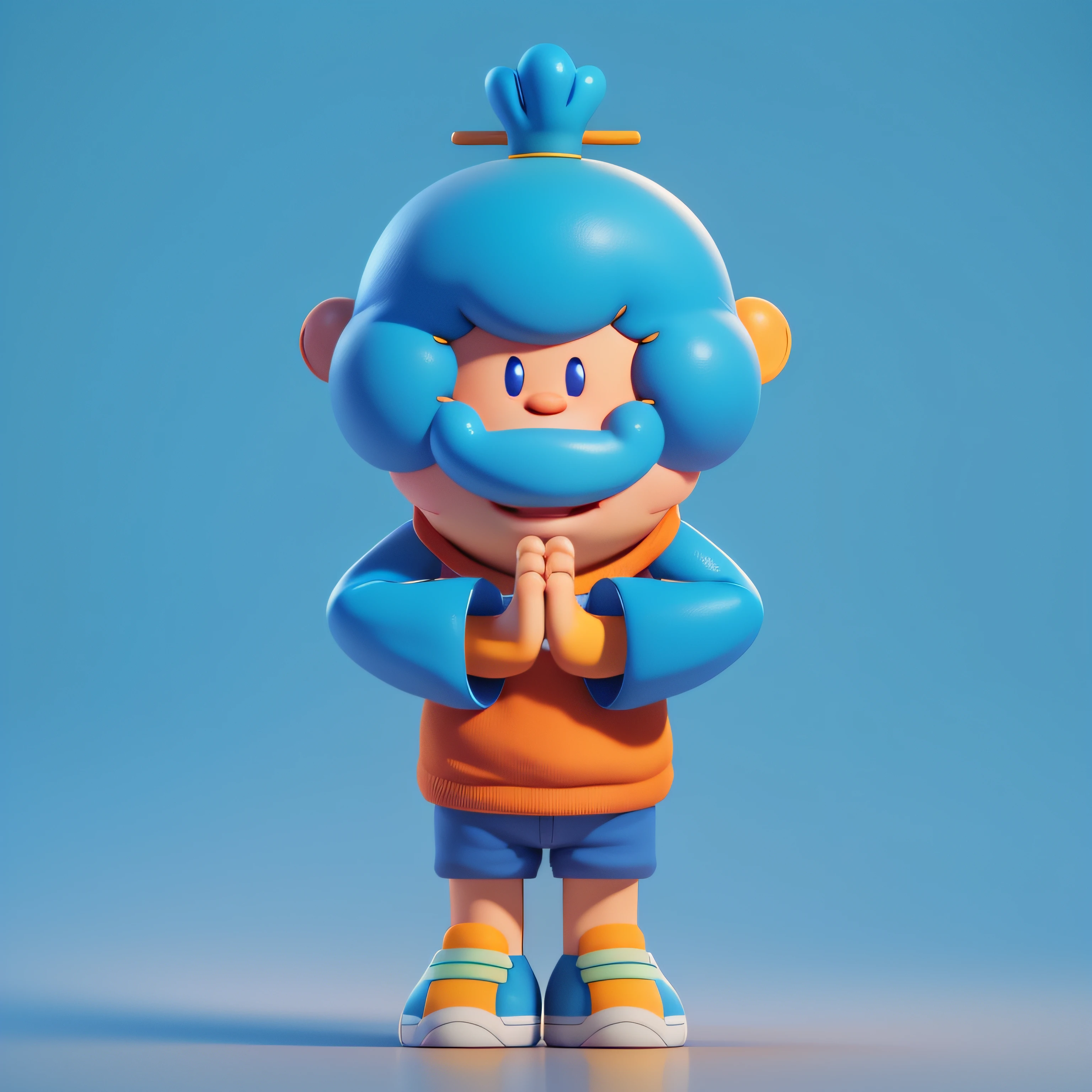 Cartoon image of a man with blue hair and a blue wig, Orange top and blue shorts，character is standing, mind character, Stand with your hands folded,,praying pose,  ssmile,  full body mascot, an animated character, com mascot, videogame character, animation style render, stylized 3d, arnold maya render, 3 d render stylized, toon render keyshot, 3d character, 3d character, 3D rendering stylized, 3 d character render, cartoon character, Close-up characters, Character pose,  (pixar-style) (Master parts:1.2) (Bokeh) (Best quality) (Detailed skins) (detail texture) (8K) (clay) (Cinematic lighting) (foco nítido）