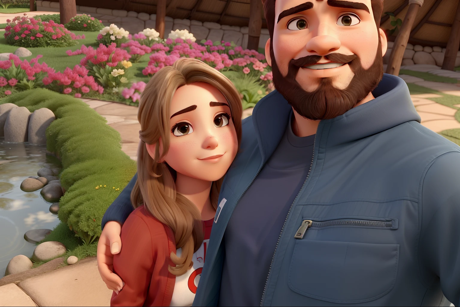 Um lindo Jardim no fundo da imagem. Mulher loira cabelos compridos. Homem com cavanhaque e barba rala