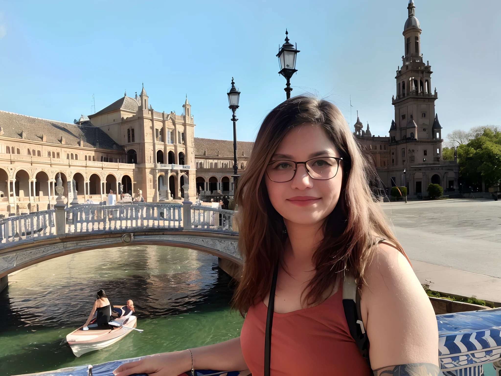 Woman in a red top standing in front of a bridge and a river, Sevilha, in a city square, standing in a city center, Em Espanha, Fotografia tirada em 2 0 2 0, ancient catedral behind her, Estefania Villegas Burgos, imagem de perfil, Valentina Embaralhamento, com um castelo ao fundo