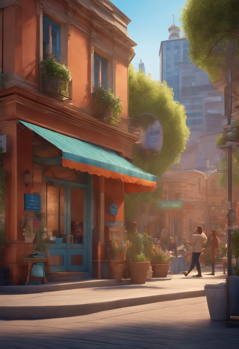 Pixar 3D-style drawing of a slimming clinic in the city center with a character in the foreground
