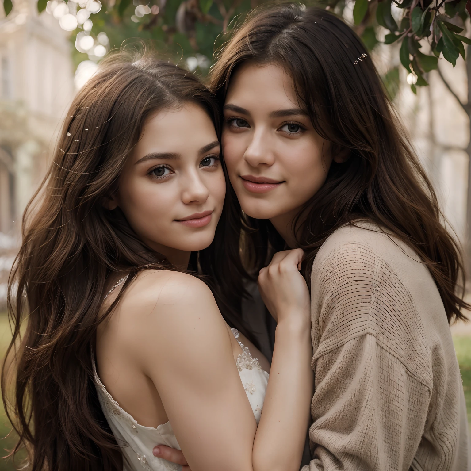 best quality,realistic,highres,(portrait:1.1),(romantic:0.9),detailed,beautiful eyes,beautiful detailed lips,romantic atmosphere,natural lighting,soft color tones,Bella Swann, Jacob Black,close embrace,gaze into each other's eyes,warm and loving smile,fine art painting effect,subtle expressions,romantic background,shimmering twilight,gentle breeze,sparkling stars,lovers,eternal love and happiness