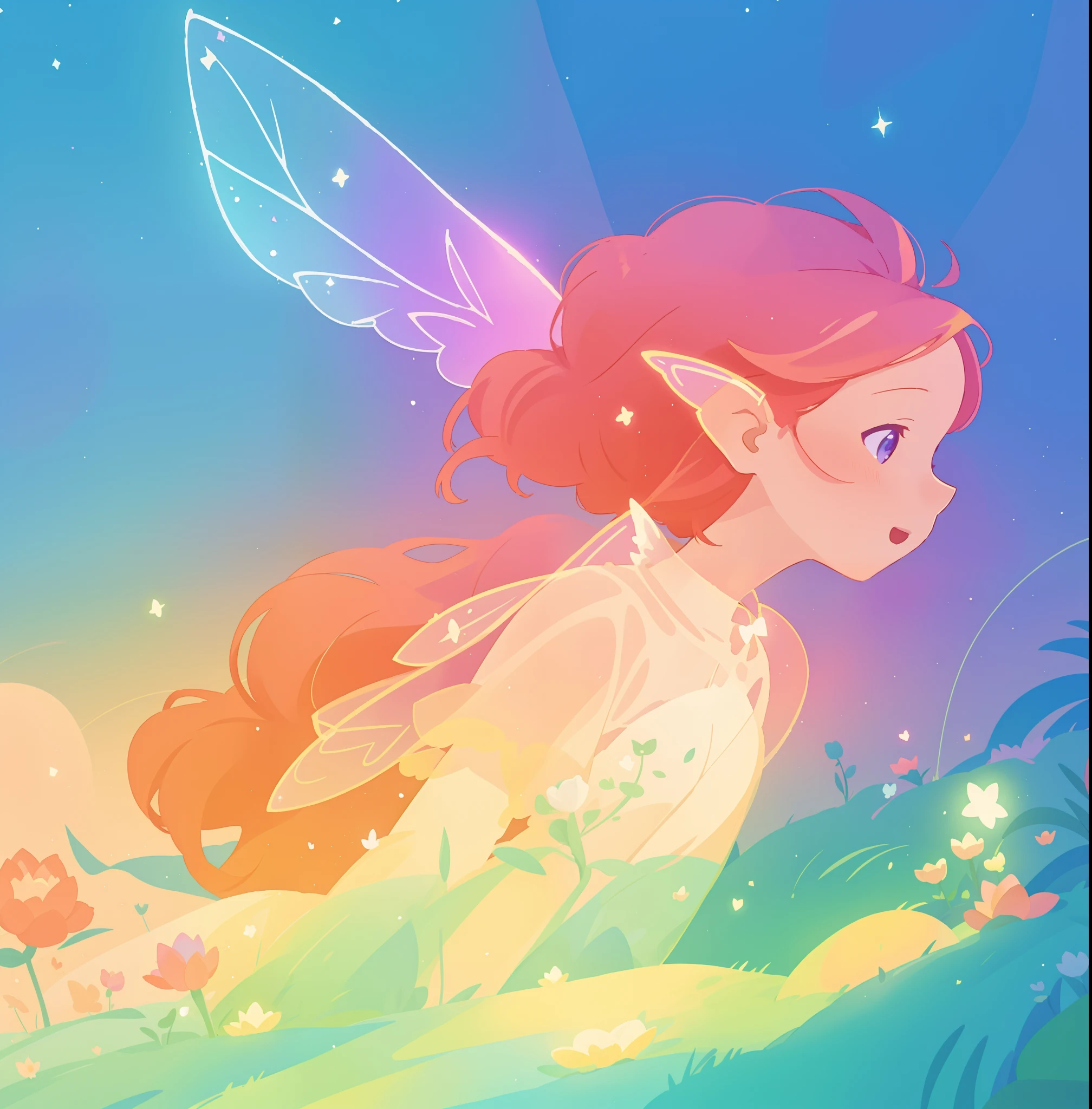 beautiful fairy girl in sparkling dress, glowing ballgown, long red peach hair, colorful fantasia background, fairy wings watercolor illustration, disney art style, glowing aura around her, glowing lights, beautiful digital illustration, fantasia otherworldly landscape plants flowers, beautiful, masterpiece, best quality, anime disney style