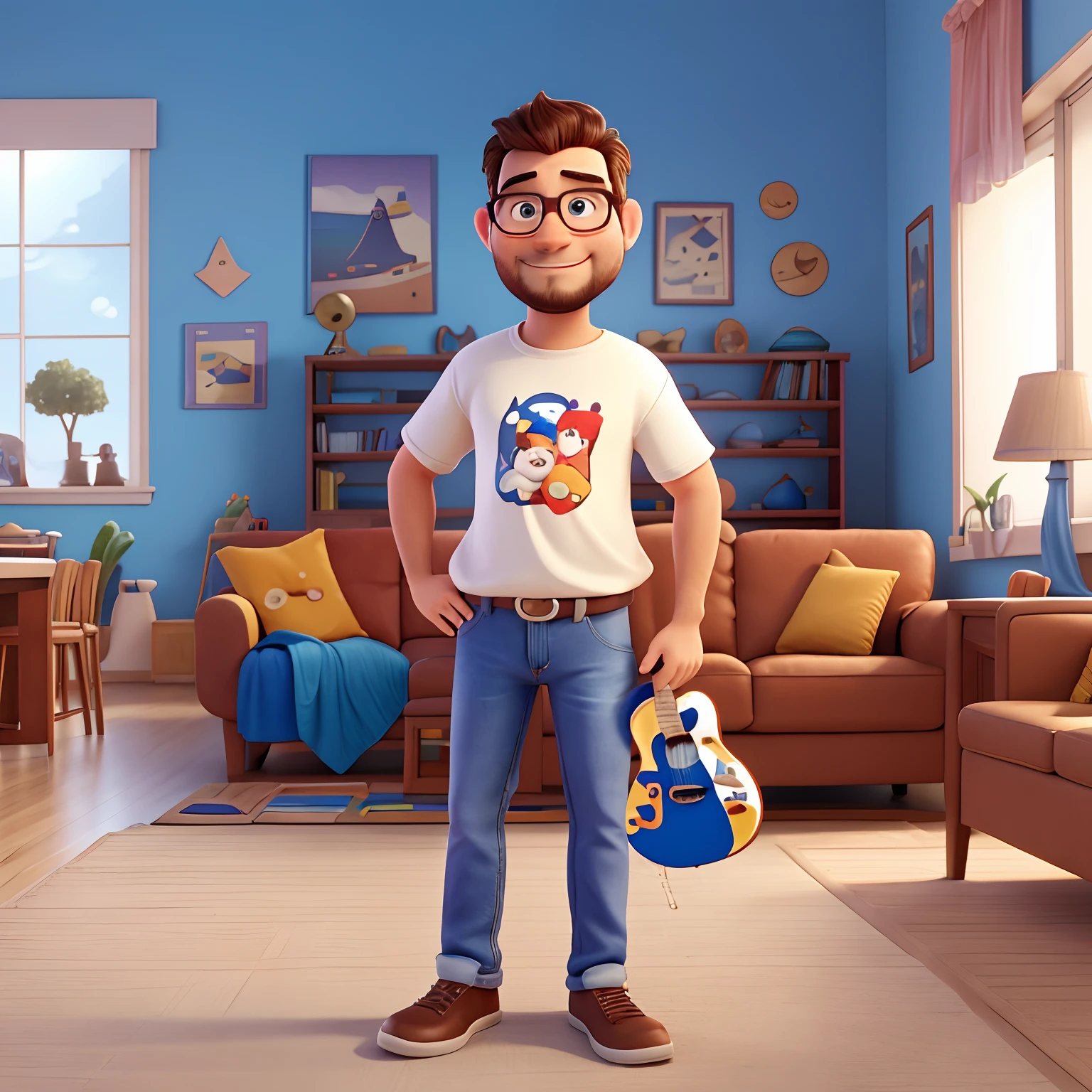 Create Disney Pixar Template Poster, Homem branco, adulto, sem cabelo, com barba acizentada, um pouco gordinho, of round eyeglasses, wearing a T-shirt and jeans, feliz, Playing 6-string electronic bass sitting on living room couch