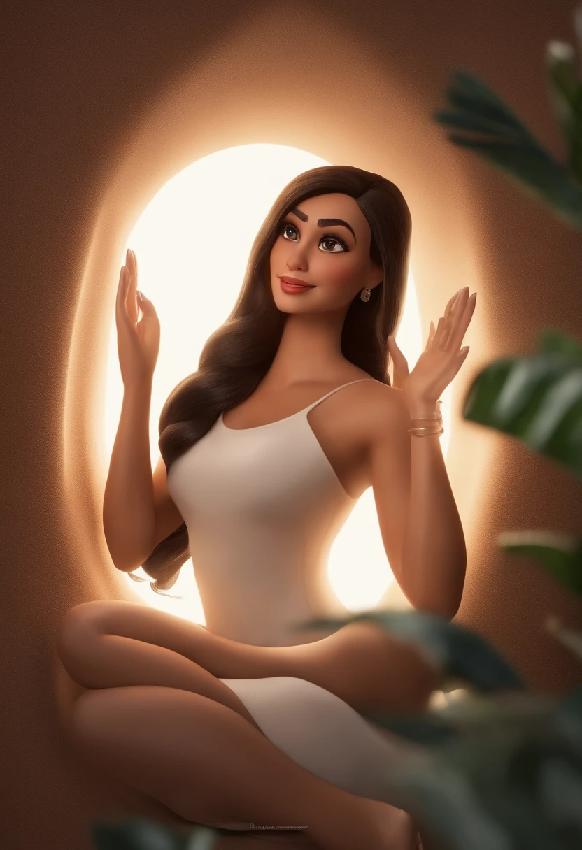 Imagem estilo Pixar com personagem 3D,Mulher morena cabelo curto cacheado , vestido preto gola redonda,Maquiagem Disney,bonitinho, sorridente ,Close-up, Pixar, Disney, Cinema lighting,olhos grandes castanhos escuro, Right Hand Raised Forward, Ring and middle fingers bent against the palm of the hand.