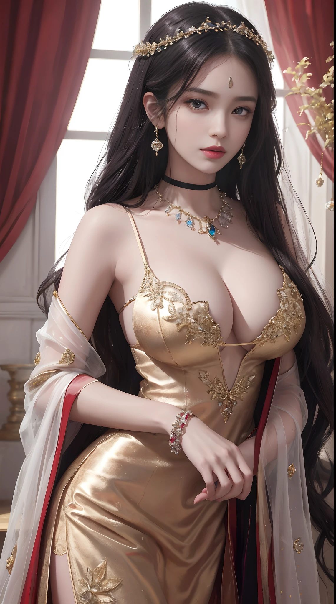 ultra - detailed，realisticlying，(1girl)，full bodyesbian，(detailedbackground)，[(Detailed face)：14]，(Detailed nose redness)，(Huge chest，No leakage)，Daylight details,(highdetailskin:1.4),paleskin，(Black eye details:1.4),(largeeyes),high detal，{best qualtiy}，{{tmasterpiece}，{high detal}，Original，extremelydetailed8Kwallpaper，tmasterpiece，best qualtiy，illustratio，Eyes with fine details，cinmatic lighting，Ultra-realistic 8k CG，Picture perfect face，flawless perfection，ren，tmasterpiece，Professional artwork，Famous artwork，电影灯光，Movies bloom，s the perfect face，beauitful face，beautidful eyes，fanciful，dream magical，unreality，sci-fy，，Beautiful clothes，Absurdly long hair，Very long hair，(abundance:1.4)，prestige，luxury goods，jewely，diamond，gold，pearls，Pedras preciosas，sapphires，Red Jewel，hisui，intricately details，delicate patterns，big breasts enchanting，seductiv，seductiv，，enchanting，hair adornments、choker necklace、耳Nipple Ring、bangle、armlets、