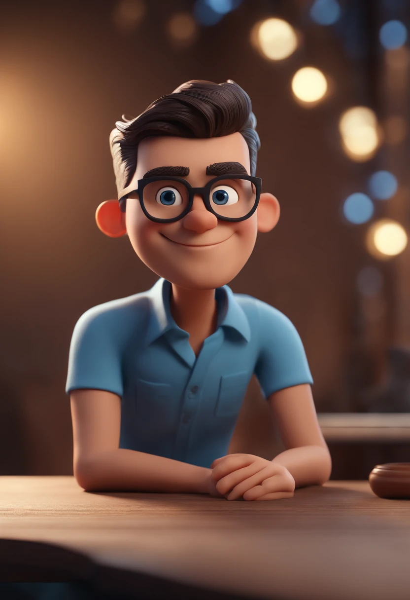 Cartoon character of a man with black glasses and a blue shirt, animation character, Caractere estilizado, animation style rendering, 3D estilizado, Arnold Maya render, 3 d render stylized, toon render keyshot, Personagem 3D, Personagem 3D, 3d rendering stylized, 3 d character render, personagem de desenho animado, Personagem de close up, Pose de personagem,  (Estilo Pixar) (master part:1.2) (Bokeh) (best quality) (pele detalhada) (textura detalhada) (8k) (argila) (Cinematic lighting) (foco nítido