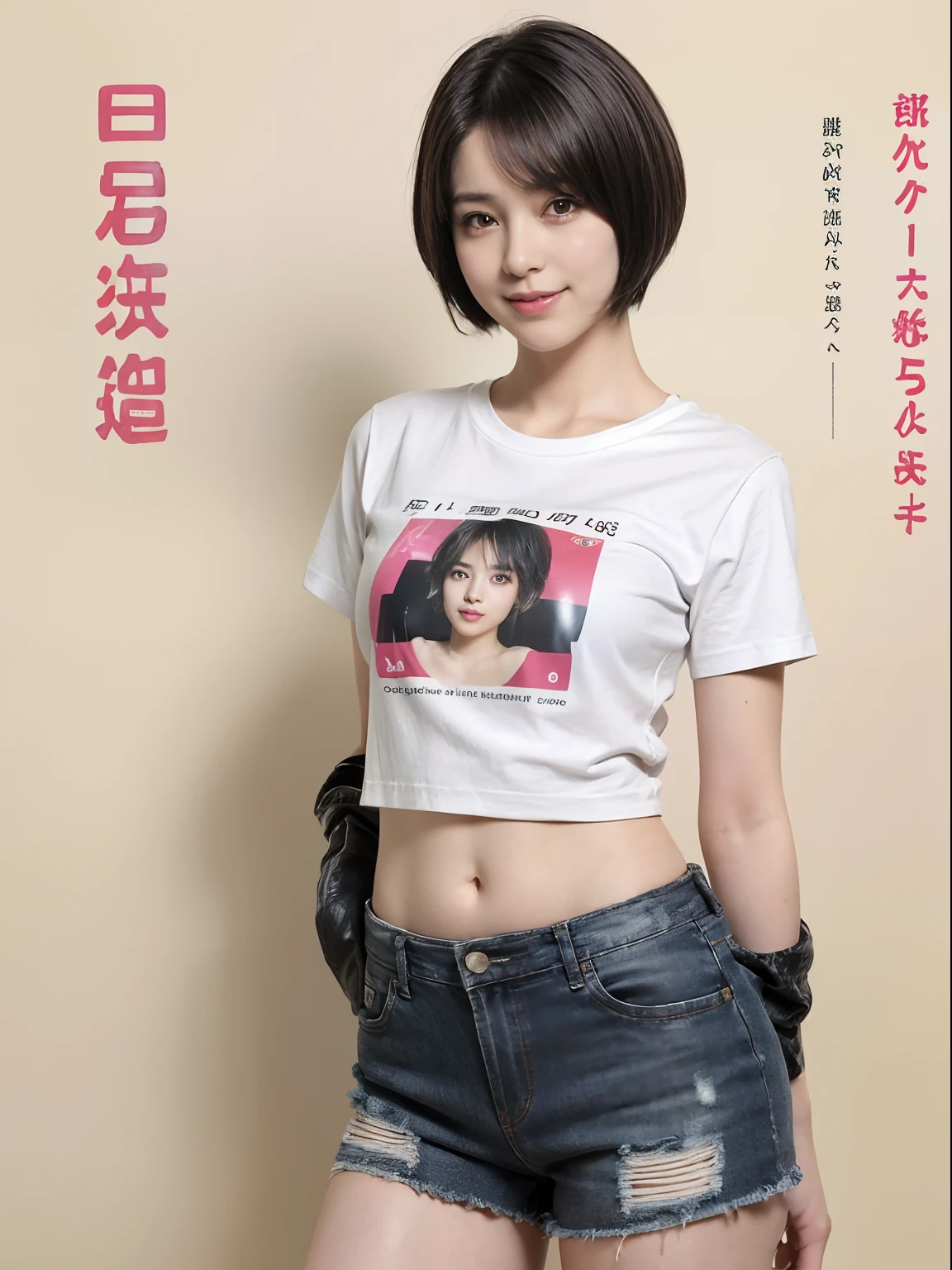 85
(a 20 yo woman,is standing), (A hyper-realistic), (masutepiece), ((short-hair:1.46)), (Smooth black hair), (Breast:1.0), (kindly smile), Wearing shorts, (Wear a T-shirt with a character design print), (Beautiful skin:1.5)