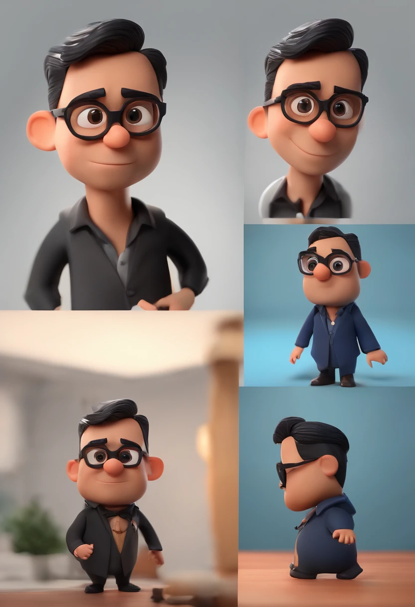 Cartoon character of a man wearing black glasses and a blue shirt, um personagem animado, Caractere estilizado, animation style rendering, 3D estilizado, Arnold Maya render, 3 d render stylized, toon render keyshot, Personagem 3D, Personagem 3D, 3d rendering stylized, 3 d character render, personagem de desenho animado, Personagem de close up, Pose de personagem, (Estilo Pixar) (master part:1.2) (Bokeh) (best quality) (pele detalhada) (textura detalhada) (8k) (argila) (Cinematic lighting) (foco nítido，Senta e vaza a parte superior do corpo
