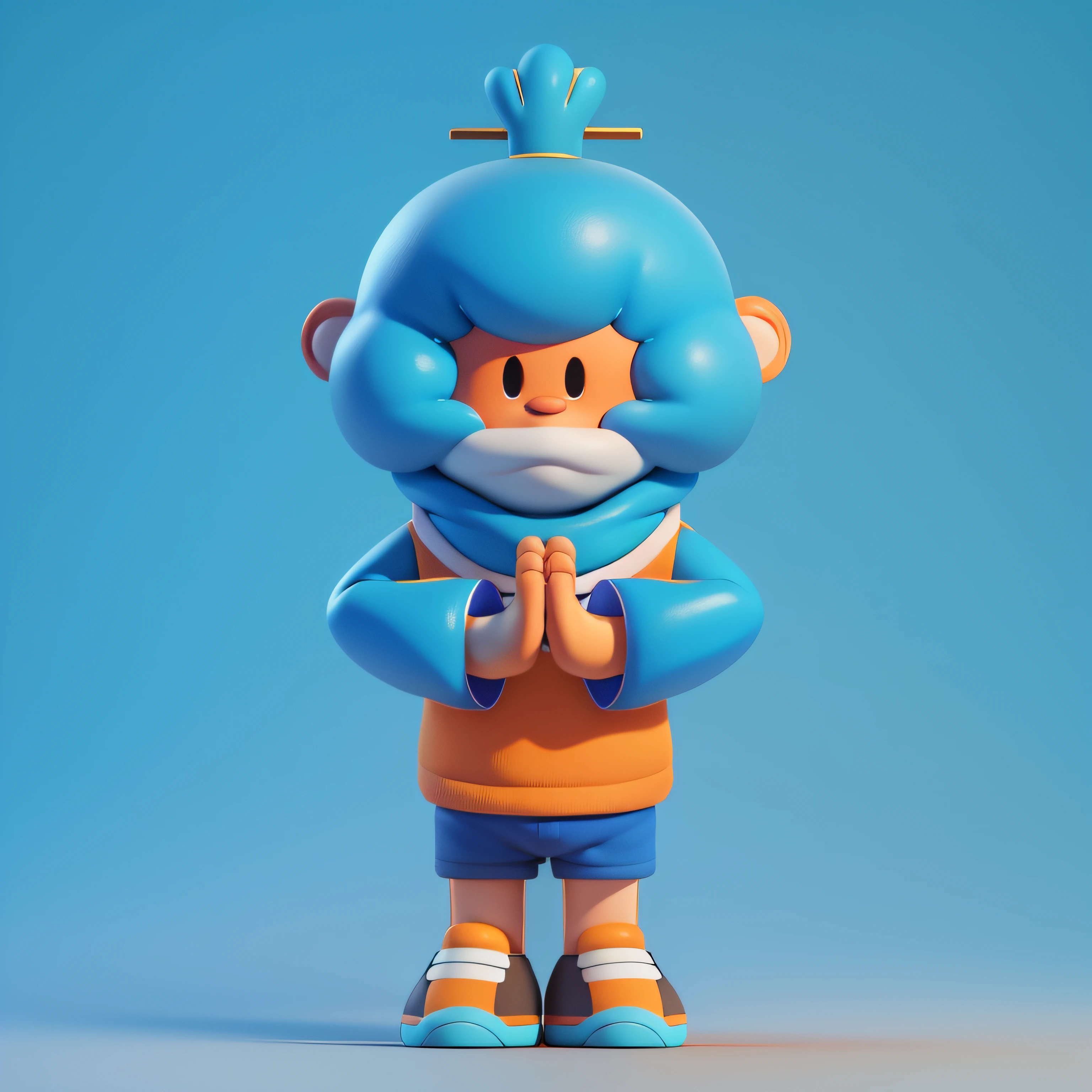 Cartoon image of a man with blue hair and a blue wig, Orange top and blue shorts，character is standing, mind character, Stand with your hands folded,,praying pose,  ssmile,  full body mascot, an animated character, com mascot, videogame character, animation style render, stylized 3d, arnold maya render, 3 d render stylized, toon render keyshot, 3d character, 3d character, 3D rendering stylized, 3 d character render, cartoon character, Close-up characters, Character pose,  (pixar-style) (Master parts:1.2) (Bokeh) (Best quality) (Detailed skins) (detail texture) (8K) (clay) (Cinematic lighting) (foco nítido）