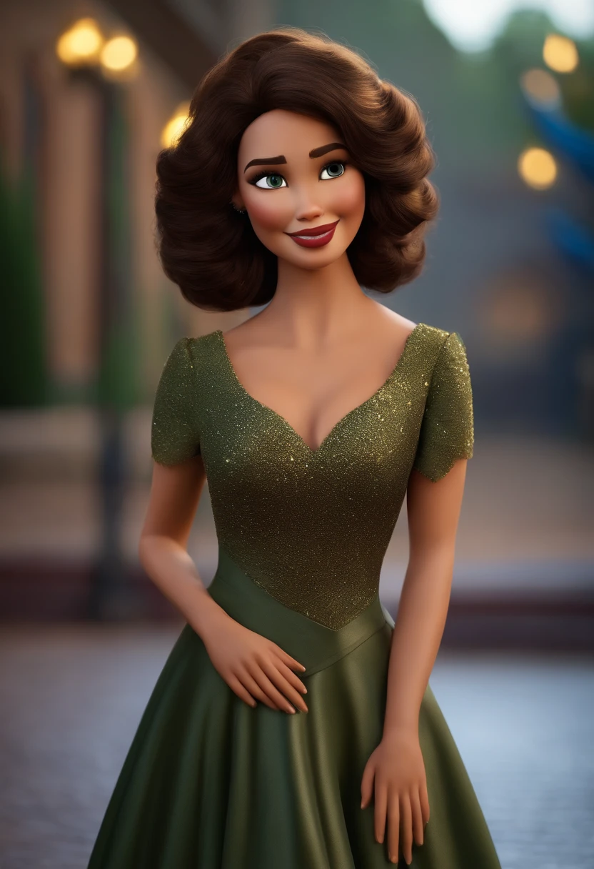 Imagem estilo Pixar com personagem 3D,Mulher 40 anos,morena, cabelo curto cacheado , vestido preto gola redonda,seios cobertos,Maquiagem Disney,bonitinho, sorridente , Pixar, Disney, Cinema lighting,olhos grandes castanhos escuro,