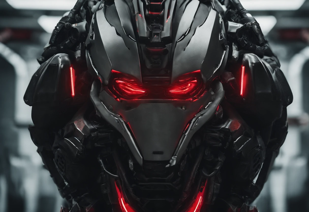 Mechanical warrior, cyberpunk, close-up, front view, symmetrical left and right composition, with red as the main color tone,