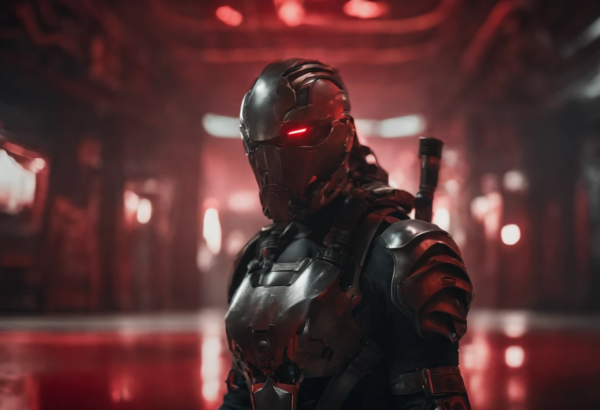 Mechanical warrior, cyberpunk, close-up, front view, symmetrical left and right composition, with red as the main color tone,