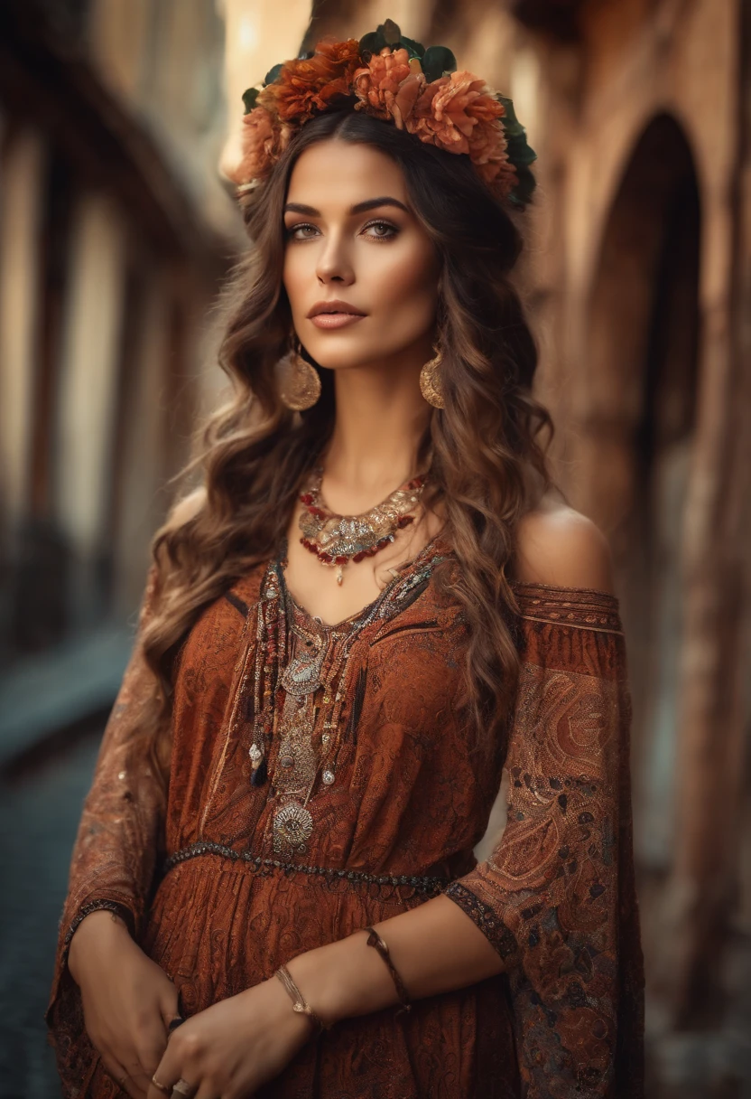 Fotografia profissional mestre, Beautiful woman in bohemian dress and accessories, olhos castanho, texturas e detalhes extremos, foto de retrato de corpo inteiro, bohemian city landmarks background, 64K