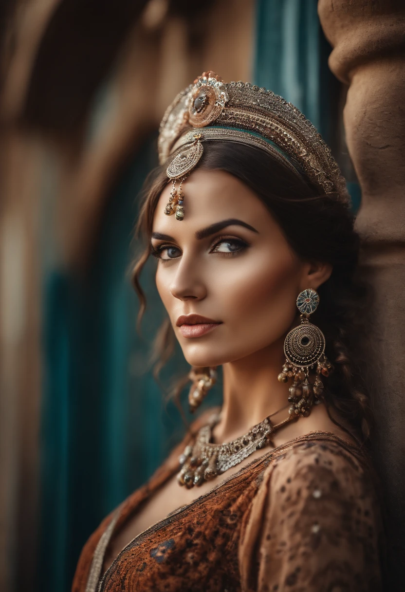 Fotografia profissional mestre, Beautiful woman in bohemian dress and accessories, olhos castanho, texturas e detalhes extremos, foto de retrato de corpo inteiro, bohemian city landmarks background, 64K