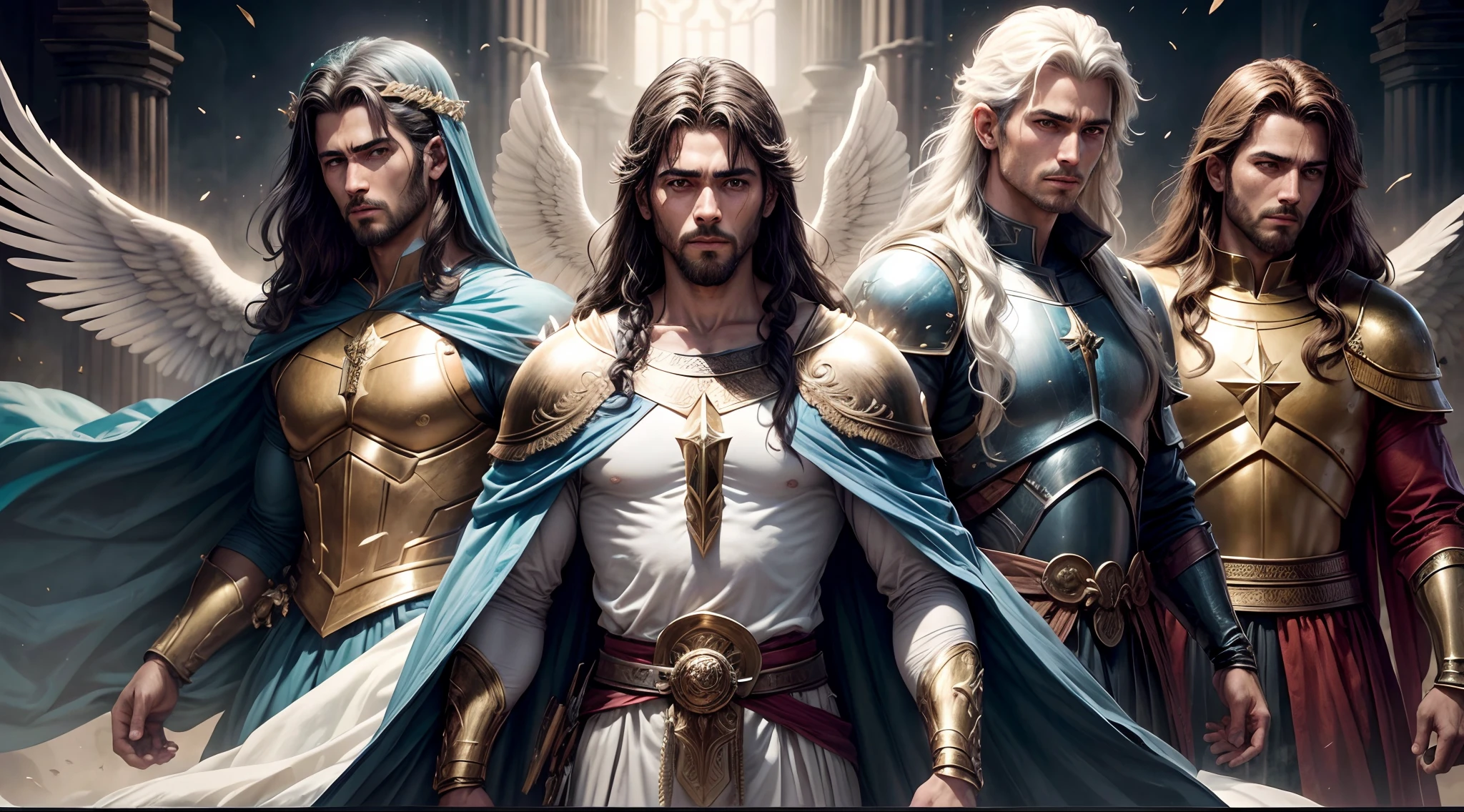 Three Archangels, masculinos, 8k, cores chamativas e fortes, Miguel, Gabriel e Rafael, com grandes asas, Sky Warriors, Biblical setting, ultra-realista, 3 anjos com grandes asas, biblical movie cover, anjos e arcanjos, 3 Archangels with wings and biblical clothing, roupas de anjos