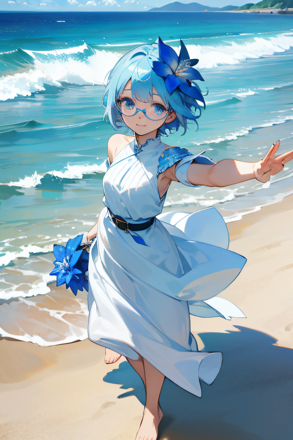 White anime girl, blue short hair, one blue flower on her head, blues eyes, eyeglasses, standing, long white plain dress, leather belt, barefoot, smiling face, white floor, ocean background.