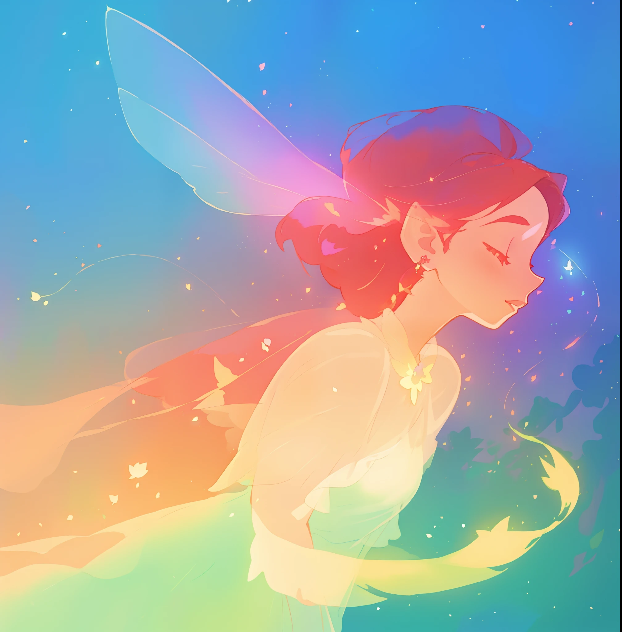 beautiful fairy girl in sparkling dress, glowing ballgown, long red peach hair, colorful fantasia background, fairy wings watercolor illustration, disney art style, glowing aura around her, glowing lights, beautiful digital illustration, fantasia otherworldly landscape plants flowers, beautiful, masterpiece, best quality, anime disney style