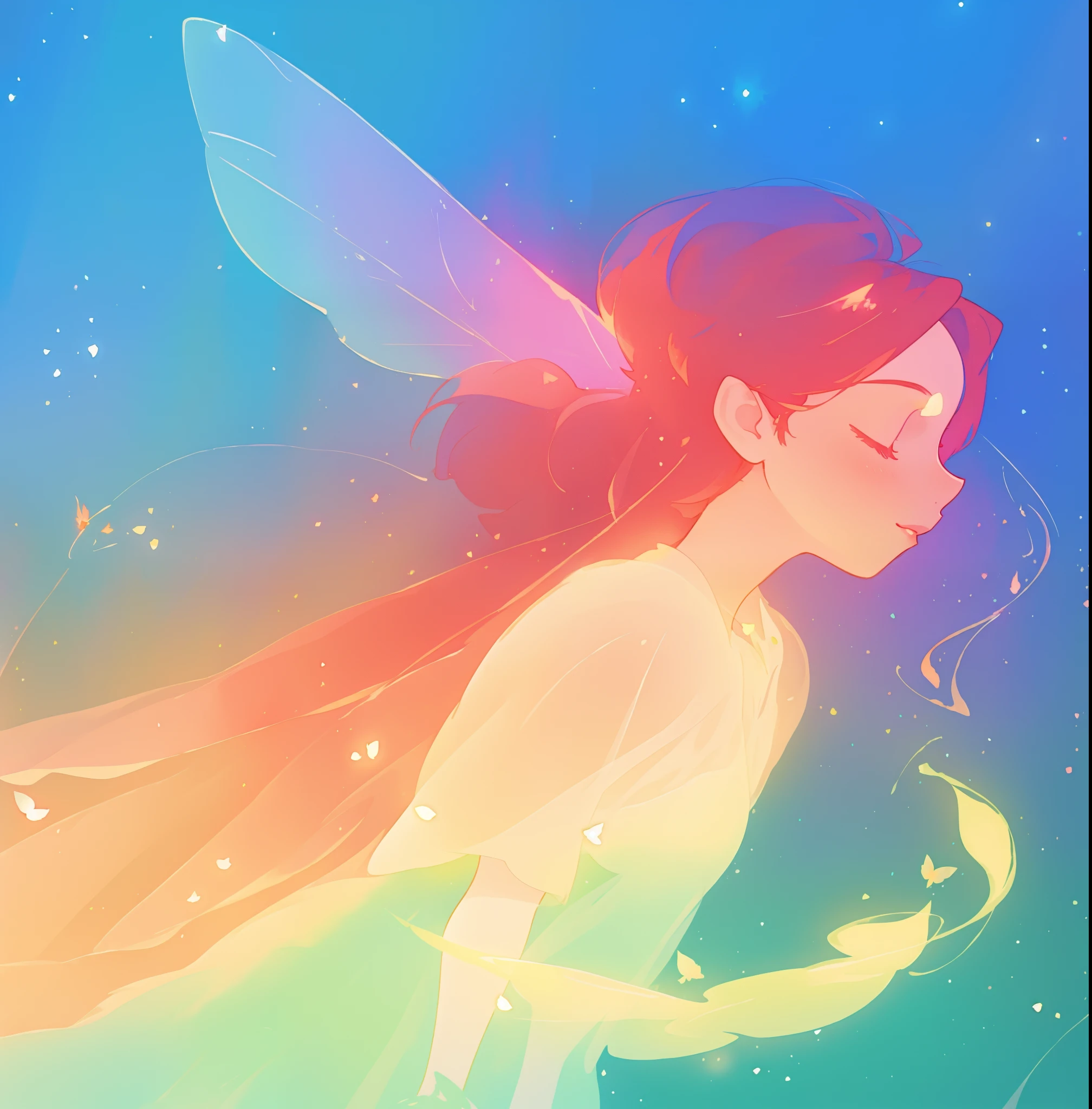 beautiful fairy girl in sparkling dress, glowing ballgown, long red peach hair, colorful fantasia background, fairy wings watercolor illustration, disney art style, glowing aura around her, glowing lights, beautiful digital illustration, fantasia otherworldly landscape plants flowers, beautiful, masterpiece, best quality, anime disney style