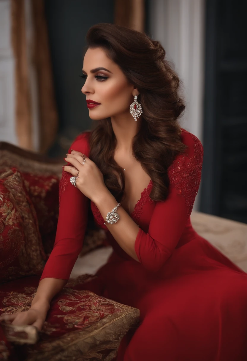 busty 25 year old brunette, long hair, high heels, wearing elegant gown in hotel lobby