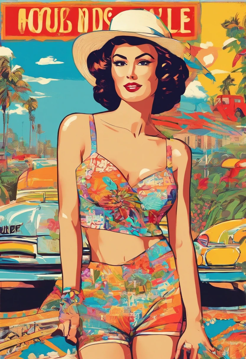 beautiful woman in the center,vintage beach clothing(ads on beach clothing),vintage advertisements surrounding her,accessories on both sides,human central,garden, short jean shorts,vintage designs,vibrant colors,hand-painted artwork,framed artwork