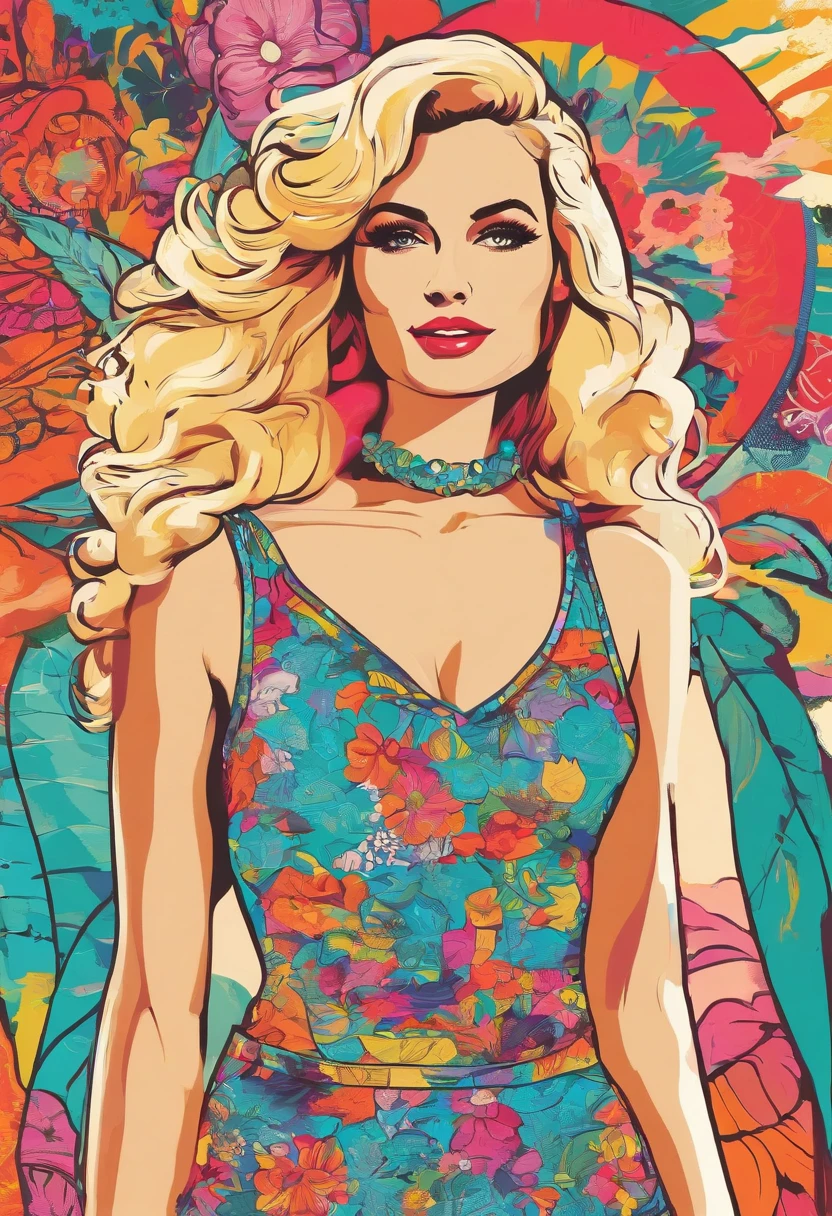 beautiful woman in the center,vintage beach clothing(ads on beach clothing),vintage advertisements surrounding her,accessories on both sides,human central,garden, short jean shorts,vintage designs,vibrant colors,hand-painted artwork,framed artwork