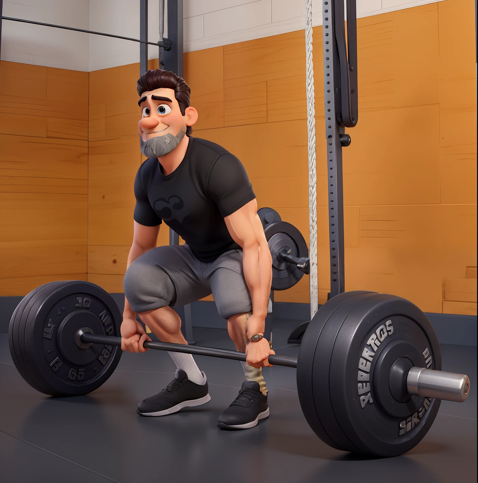 homem branco, olhos sem estar vesgo, menos volume genital, Full Right Arm Tattoo, sem camisa, Aptitude, Por dentro do CrossFit, in tennis shorts and high socks, barba pequena, Doing squats with the Olympic barbell on top. malhado, Suado, Demonstrating effort