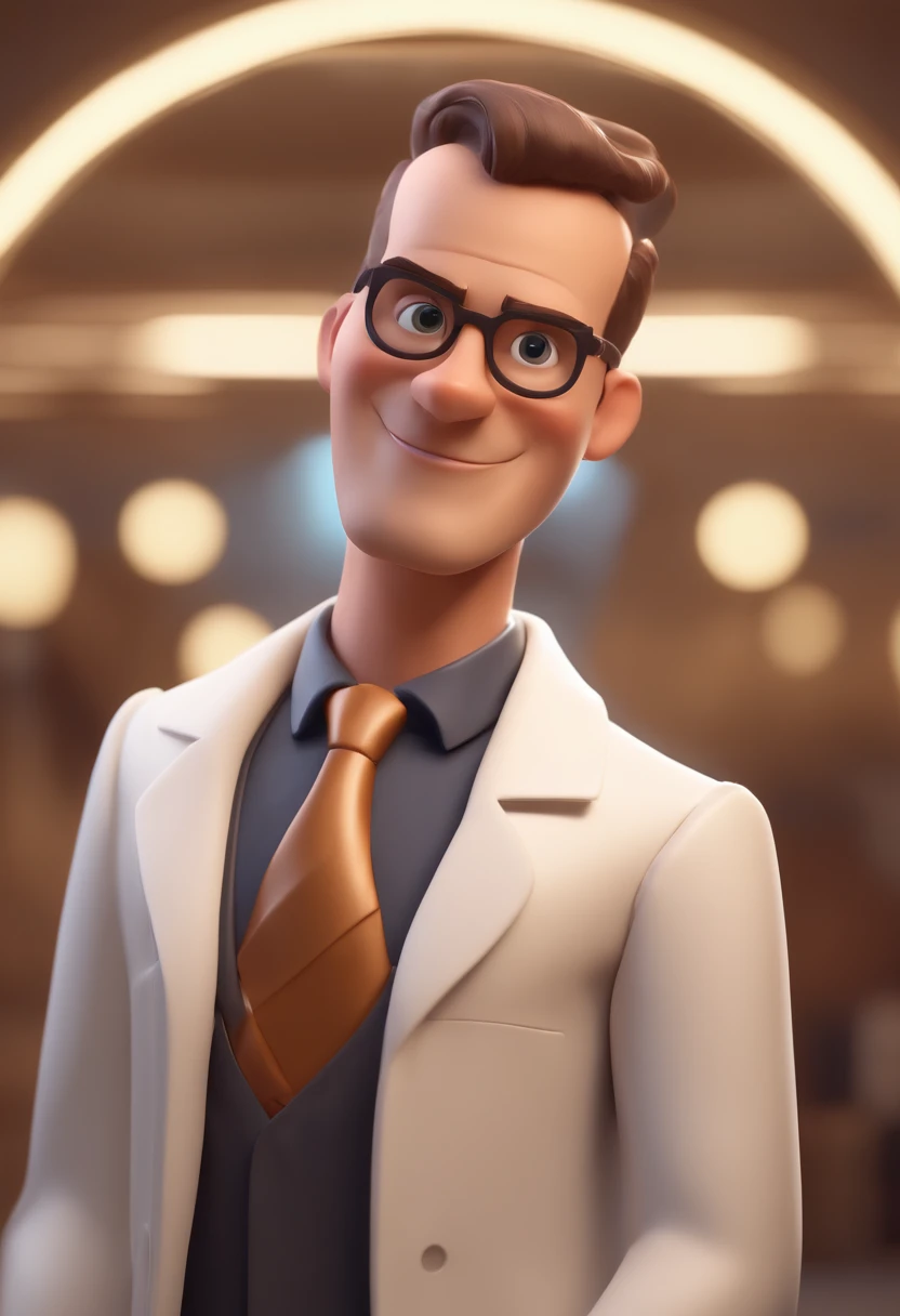 Cartoon character of a man with almost shaved hair wearing a doctor's lab coat, um personagem animado, Caractere estilizado, animation style rendering, 3D estilizado, Arnold Maya render, 3 d render stylized, toon render keyshot, Personagem 3D, Personagem 3D, 3d rendering stylized, 3 d character render, personagem de desenho animado, Personagem de close up, Pose de personagem, (Estilo Pixar) (master part:1.2) (Bokeh) (melhor qualidade) (pele detalhada) (textura detalhada) (8k) (argila) (Cinematic lighting) (foco nítido，Senta e vaza a parte superior do corpo