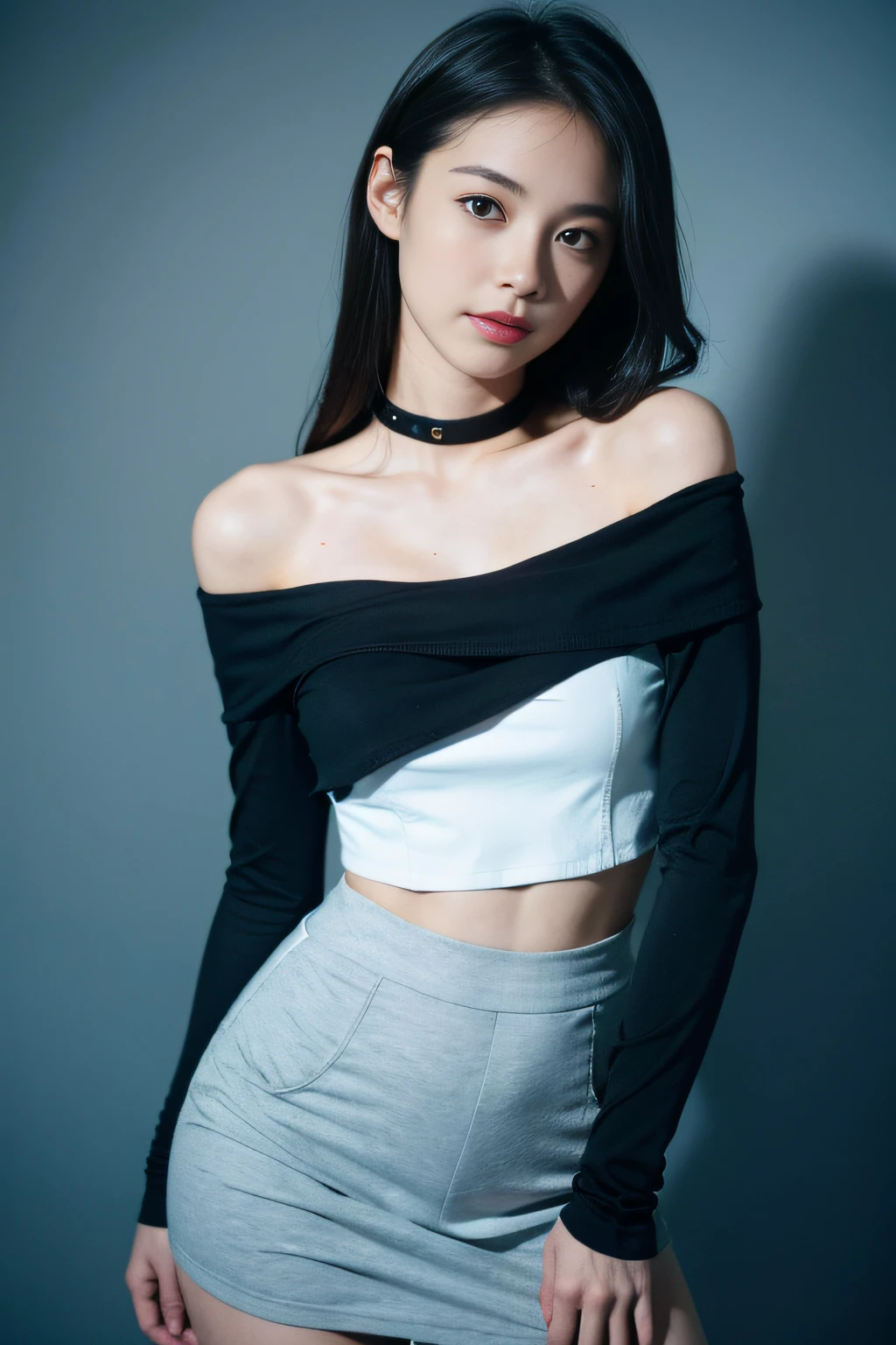 best qualtiy,super high quality,1girll,Off-shoulder white shirt,Black tight skirt,Black collar,(Faded gray hair, shallow cleavage breasts,looking at viewer,closeup tiny cleavage,8K,a ,Sweet smile, high school girl, tri-x, ISO1600, 85mm lens, fine and slightly seen skin cores