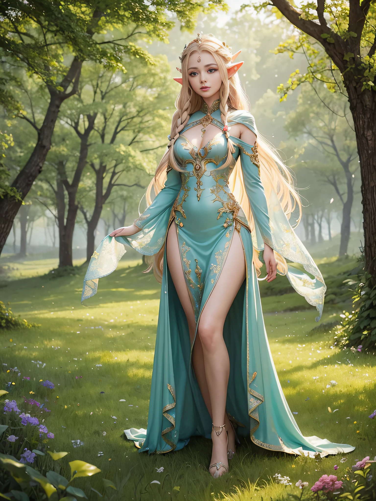 A graceful elf girl stands in a meadow, her delicate features illuminated by the soft light of the setting sun. Her long, flowing hair cascades down her back, adorned with intricate braids and adorned with sparkling jewels. This stunning painting captures the ethereal beauty of elves. Her slender figure in a silk dress sways in the soft meadow breeze. The artist's attention to detail is evident in the intricate patterns of her dress and the subtle highlights of her luminescence. skin. This breathtaking depiction of an elf girl exudes a sense of enchantment and transports the viewer to a magical world.