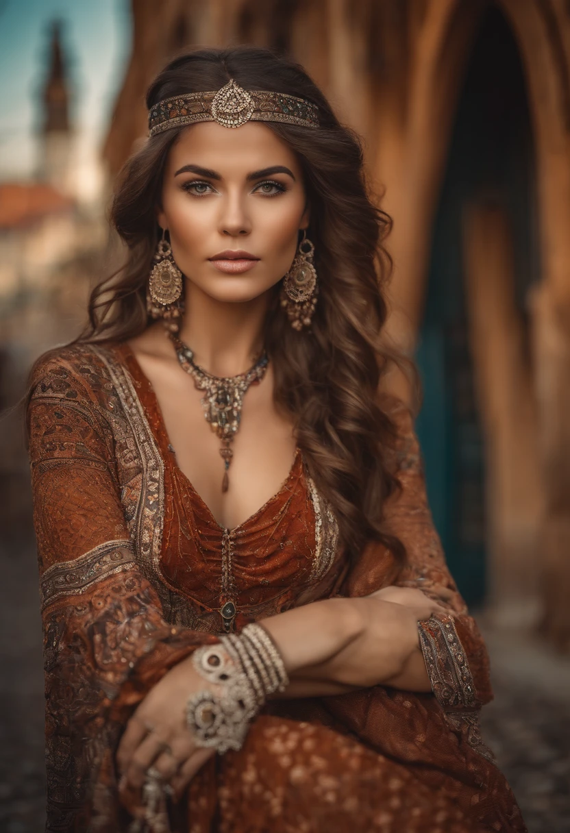 Fotografia profissional mestre, Beautiful woman in bohemian dress and accessories, olhos castanho, texturas e detalhes extremos, foto de retrato de corpo inteiro, bohemian city landmarks background, 64 mil
