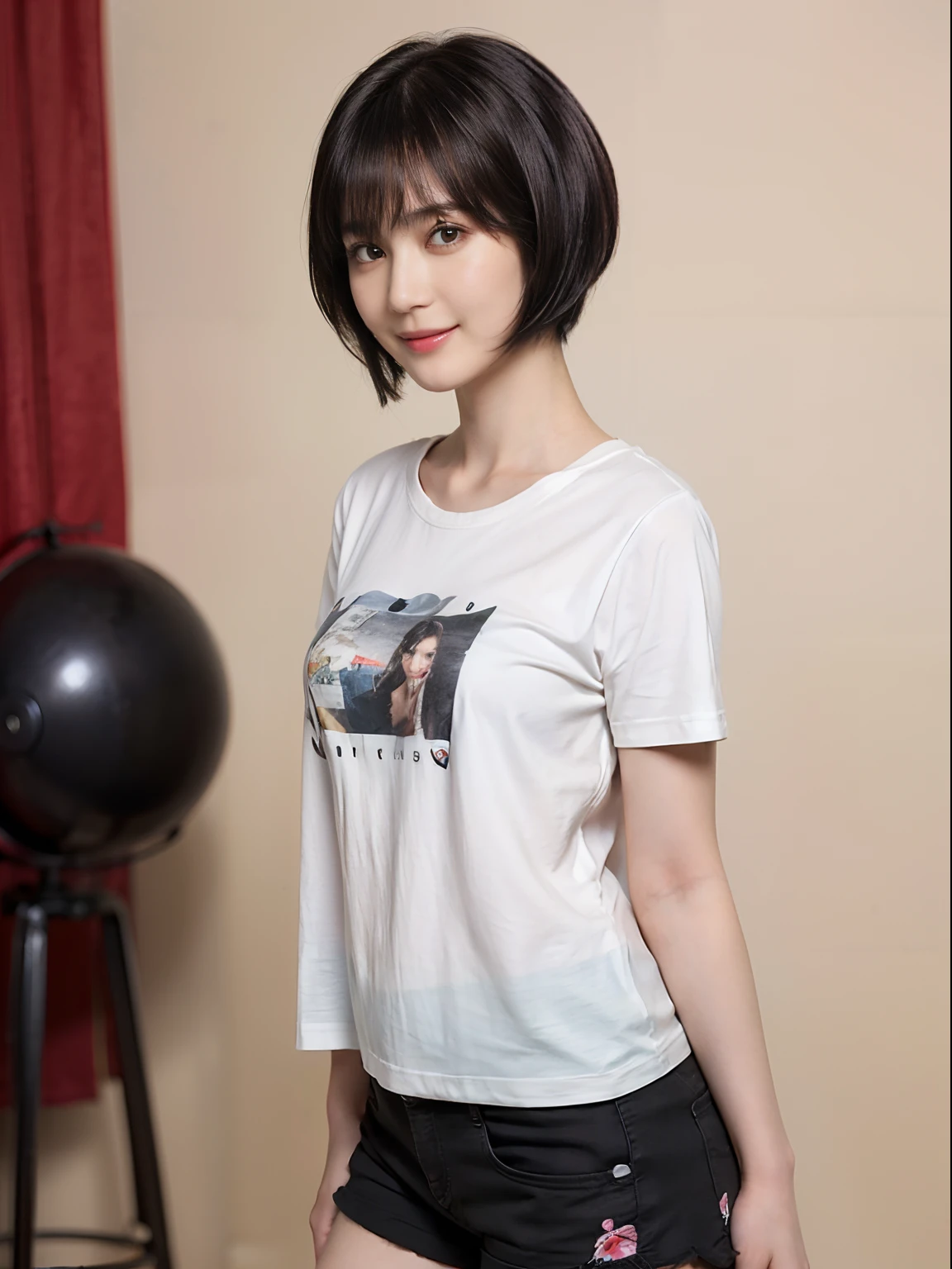 85
(a 20 yo woman,is standing), (A hyper-realistic), (masutepiece), ((short-hair:1.46)), (Smooth black hair), (Breast:1.0), (kindly smile), Wearing shorts, (Wear a T-shirt with a character design print), (Beautiful skin:1.5)