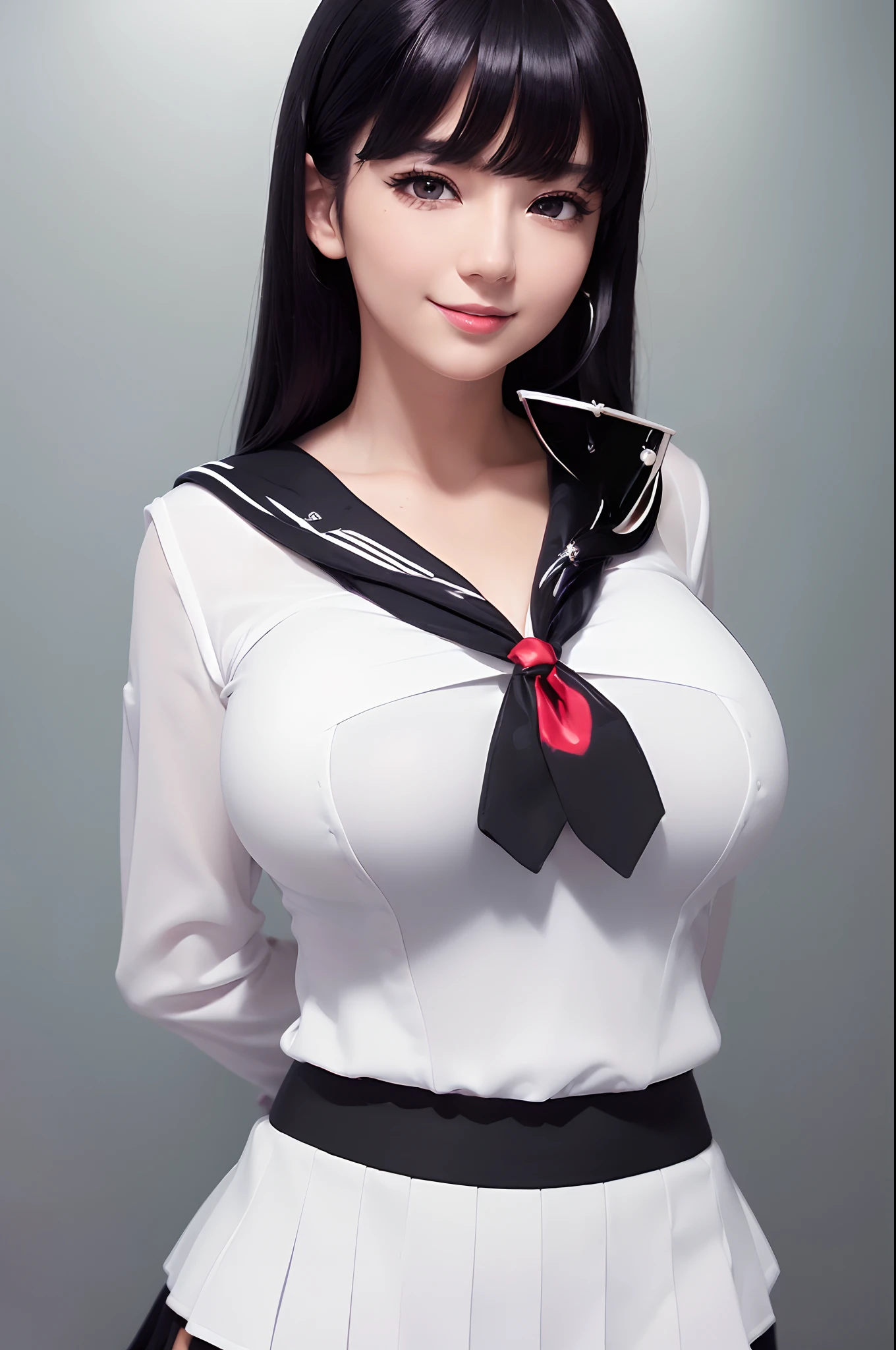 ((8k)), (((masterpiece))), (huge breasts:1.2),smile,(Sailor school Uniforms :1.5), beautiful face, cyan eyes,solo girl, (bangs:1.5), (red tie:1.4),model style, (glossy black hair:1.5), (white blouse:1.5),
(detailed hell:1.2),extremely detailed CG unity 8k wallpaper