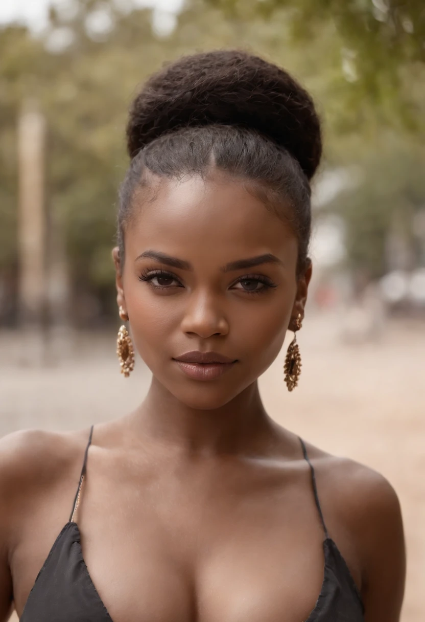 ((Piel oscura africana, very deep ebony skin)), ((Su belleza es innegable)), ((cara linda emocionada)), ((Ojos perfectos hiper detallados,)), ((Pose linda)), ((lengua fuera)), ((seductor )), sexy, (( Camisa de malla ajustada, pantalones cortos sexys)), ((Afro rizado largo africano,)), ((vientre revelador)), ((En pie, Front view)), ((tocando sus propias piernas en una pose sexy)), ((al aire libre, Public city)), Sharp-focus CGI, fotorrealista, High detail, realista, Obra maestra, absurdos, La mejor calidad, HDR, alta calidad, Hi-Def, extremadamente detallado, Fondo de pantalla de 8k, Detalles intrincados, 8k UHD, Full HD, (foto realista:1.2), contraste, rough lighting, cinematic lighting, natural  lighting, Luz dura, Contre-Jour, global ilumination, ambient-occlusion