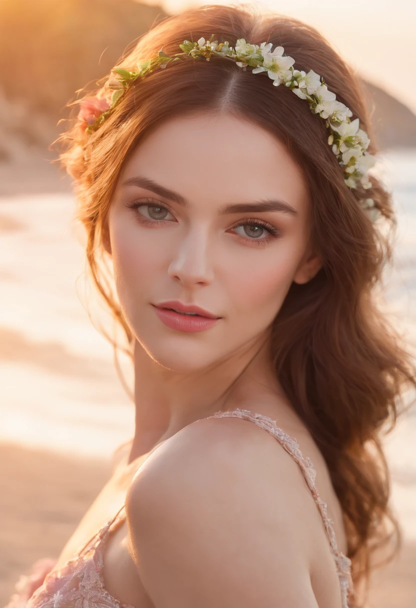 lndswgnr_v1.0, (Sharp focus: 1.5), (sharp focus:1.2), portrait, attractive young woman, (beautiful face:1.1), detailed eyes, luscious lips, (eye makeup:1.2), (tight body:1.2), wearing (flowery dress:1.2) at (the beach:1.2). (morning sun lighting:1.2), depth of field, bokeh, 4K, HDR. by (James C. Christensen:1.2|Jeremy Lipking:1.1).
