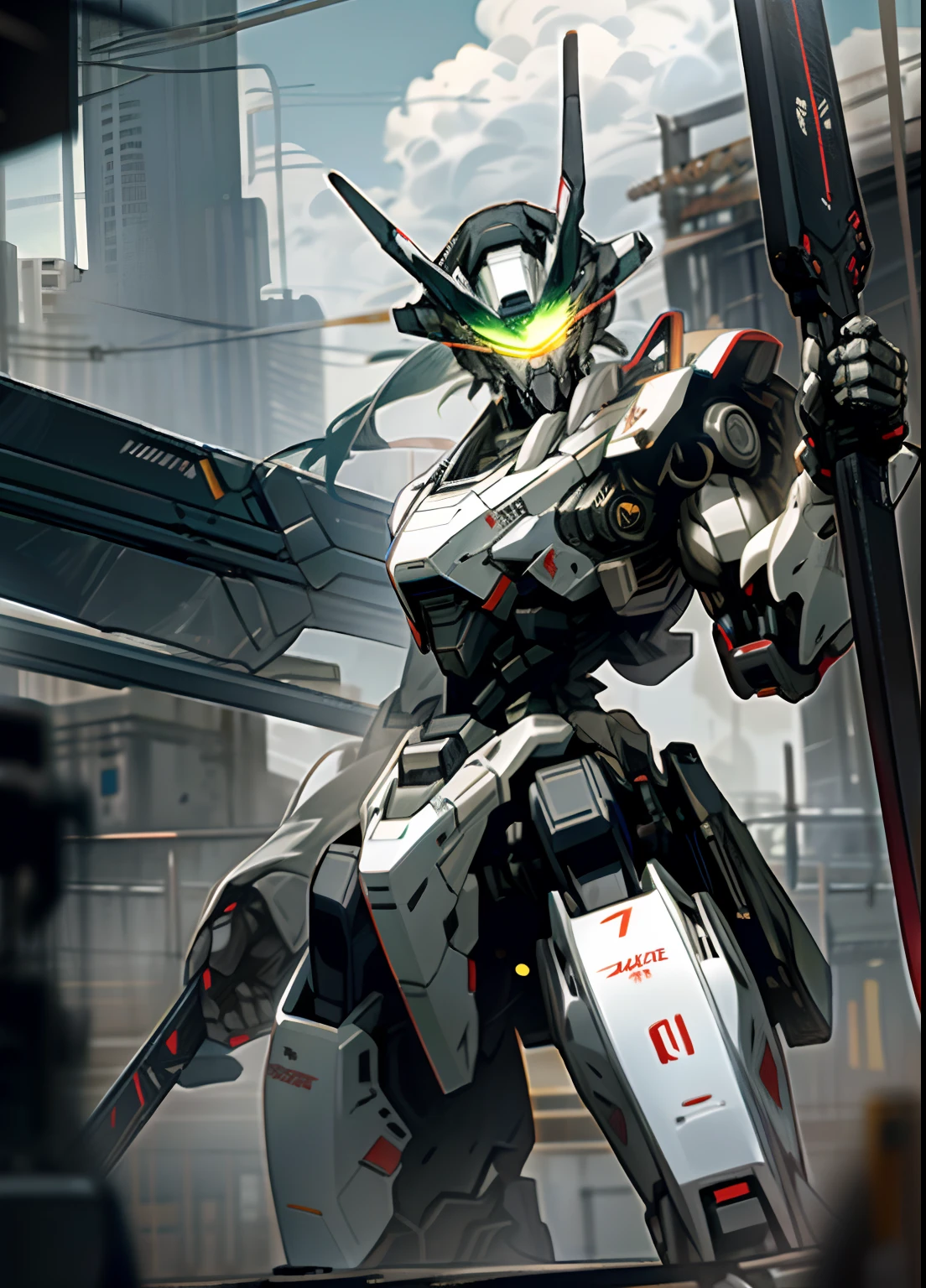 sky, cloud, holding_weapon, no_humans, glowing, , robot, building, glowing_eyes, mecha, science_fiction, city real, mecha, tokyo, optical camouflage, full-pec rifle possession, fierce combat, marked with the Japanese flag