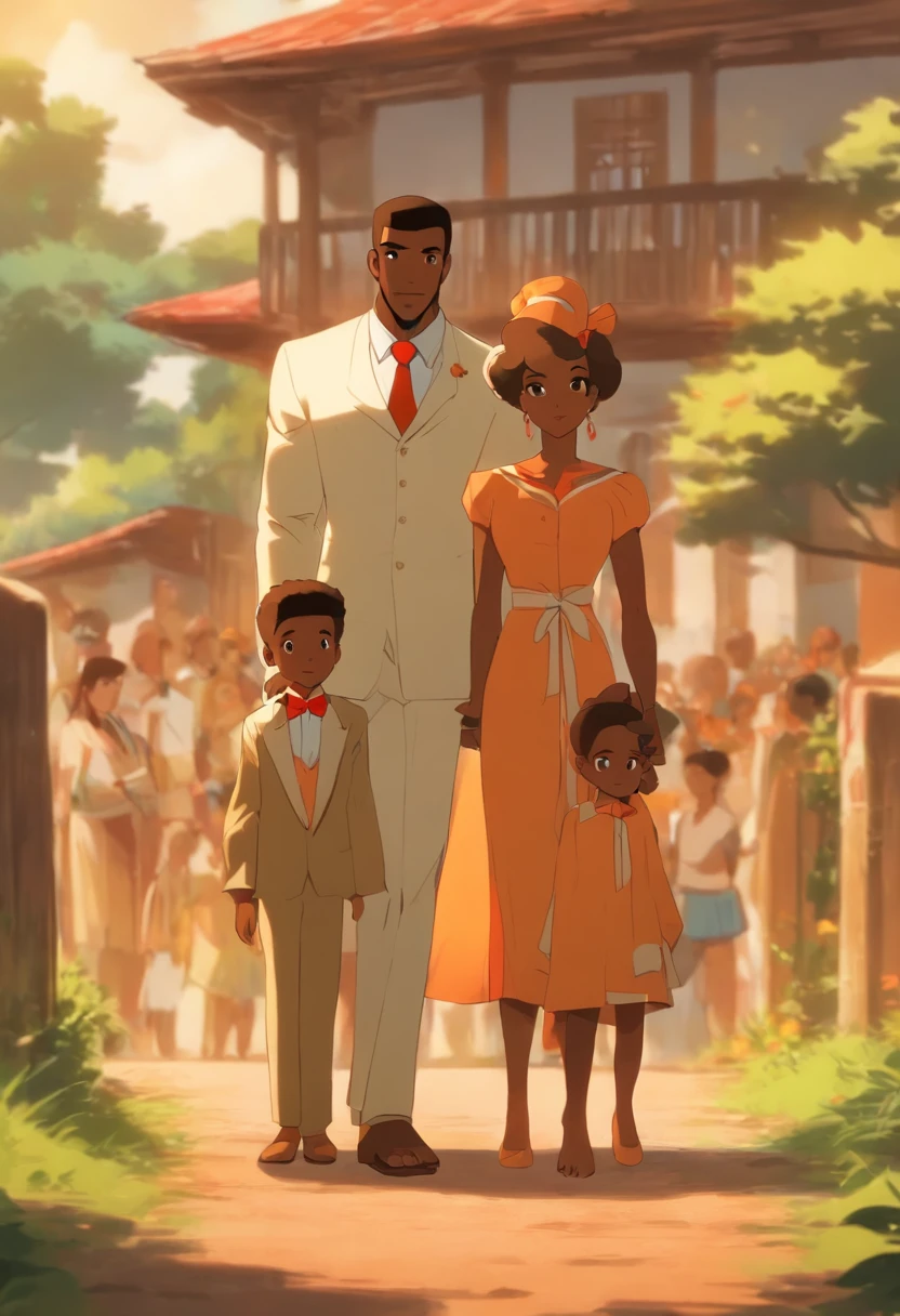 There's a couple in front of a house with a , in front of the house, o marido, de pele branca,olhos e cabelos castanhos e barba cerrada segura o filho mais novo, moreno de cabelos castanhos cacheados curtos, The wife stands by her husband's side, pele negra, cabelos cacheados marrom, vestido de festa, Holding the hand of the eldest son, de pele branca cabelo castanho, com tupete moicano, o pai e os meninos vestem roupa social beje, White dress shirt and bow tie in the same color as mom's dress, terracota.vdivertindo-se, Sandra Chevier, non blurry, por Romain brook, 2018, 2 0 1 8, marido esposa e filho, of a family standing in a park