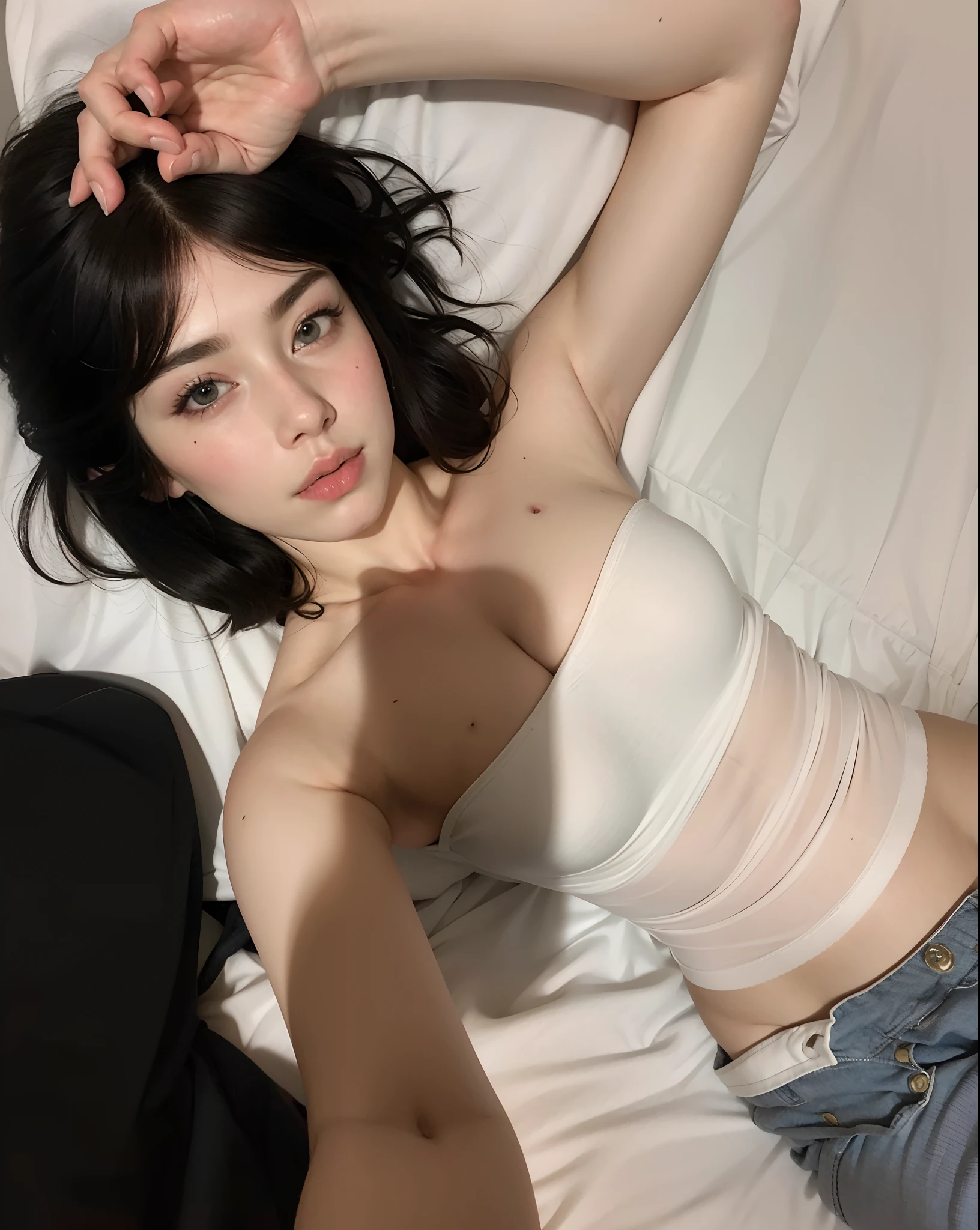 there is a woman laying on a bed with her hands on her head, with pale skin, pale fair skin!!, on my bed, soft pale white skin, pale white skin, pale snow white skin, laying back on the bed, posing in bed, on the bed, pale porcelain white skin, laying on a bed, 2 4 year old female model
