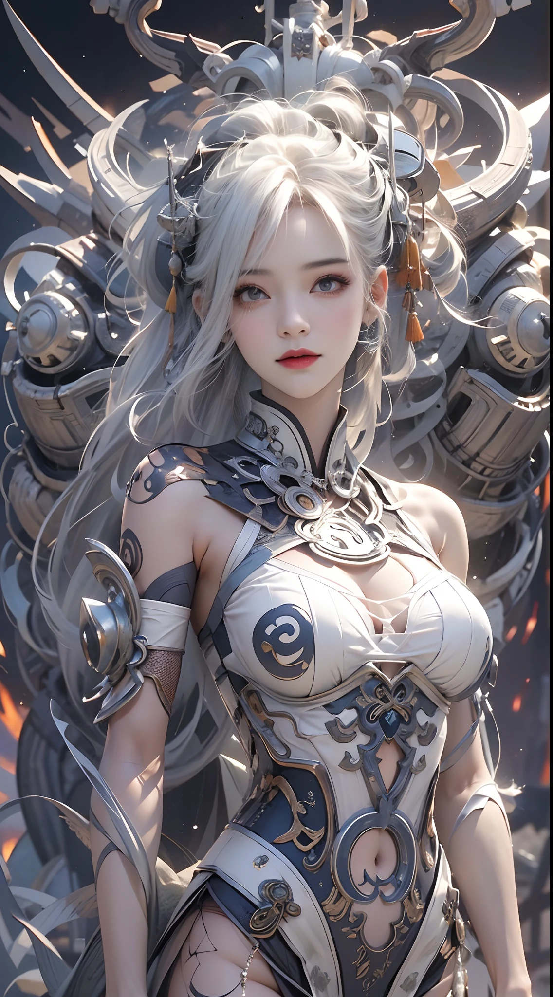 Official Art, Unified 8k Wallpapers, ((Hyperrealism) (Surrealism)), (3D), Ultra Detailed, Beautiful and Aesthetic, Masterpiece, Best Quality, (Zentangle, Tangle, Entangle), (Fractal Art: 0.5), (Full Body Character Design, Full Body: 0.3), 2girl, Detailed Eyes, (Delicate Skin, Diffused Skin Pores) (Long White Hair), No Shoulder Straps, Girl in Mecha Network Armor, Beautiful White Girl Cyborg, Weapon in hand, Chinese style, wide vision, black and white, martial arts, Chinese cyberpunk architecture, movie lighting, full body character design, full body: 0.3), China, (dream: 1), (silk: 1), sky with Chinese dragon, Chinese phoenix, (smile: 1.5), (Chinese deity),