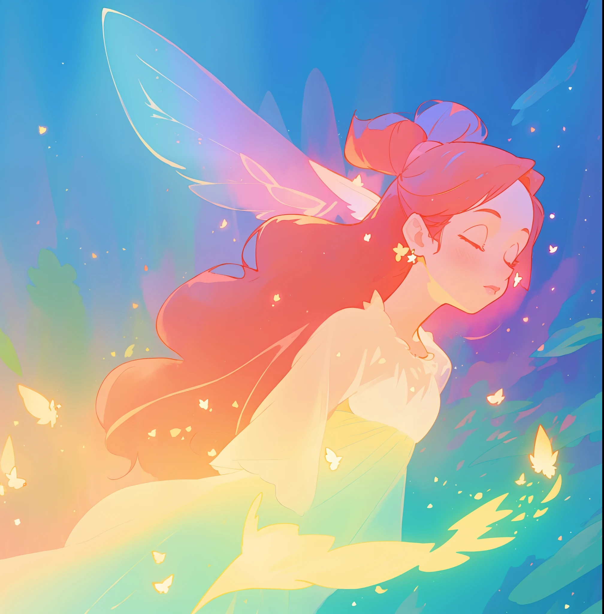 beautiful fairy girl in sparkling dress, glowing ballgown, long red peach hair, colorful fantasia background, fairy wings watercolor illustration, disney art style, glowing aura around her, glowing lights, beautiful digital illustration, fantasia otherworldly landscape plants flowers, beautiful, masterpiece, best quality, anime disney style